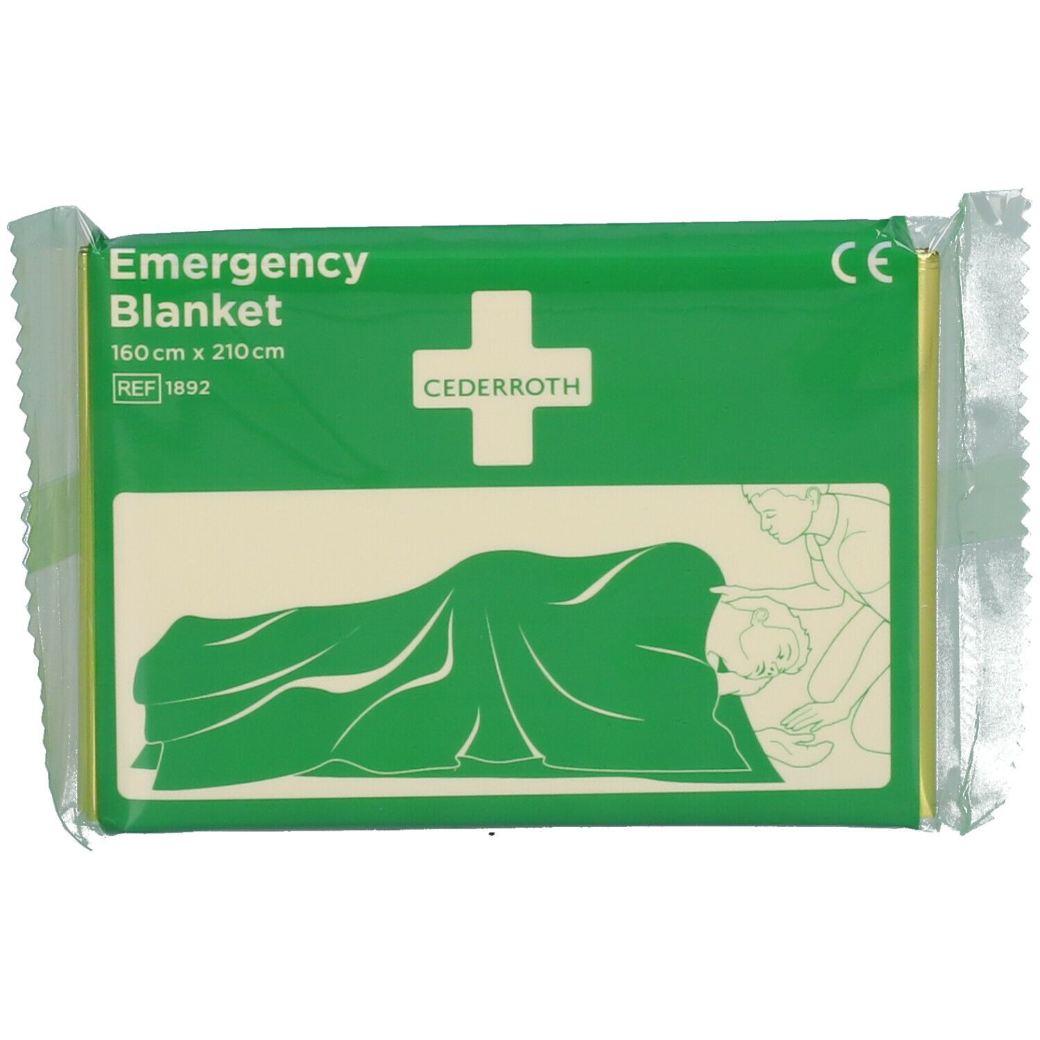 Groen verpakte nooddeken. Opschrift: Emergency Blanket, 160 x 210 cm, Cederroth logo, CE-markering.