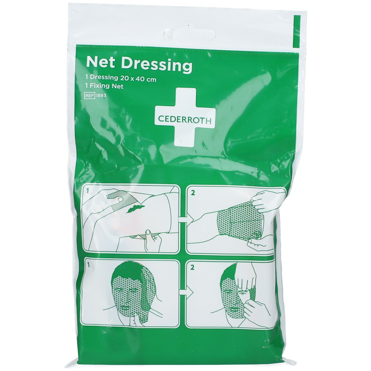 Emballage de Net Dressing. Emballage vert et blanc avec illustrations et texte. Marque Cederroth, logo croix.