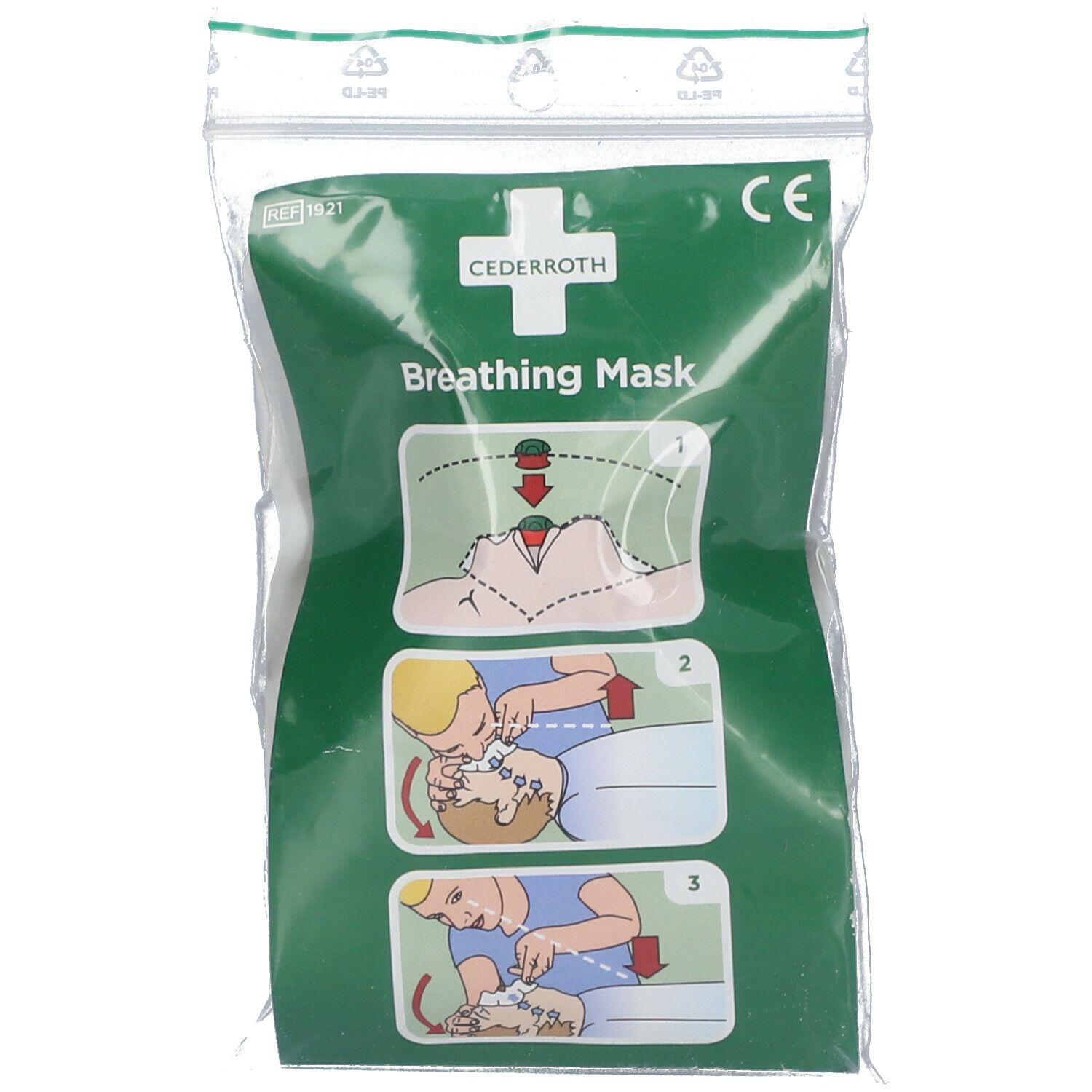 Masque respiratoire dans un emballage plastique. Emballage vert avec pictogrammes et texte. Marquage CE.