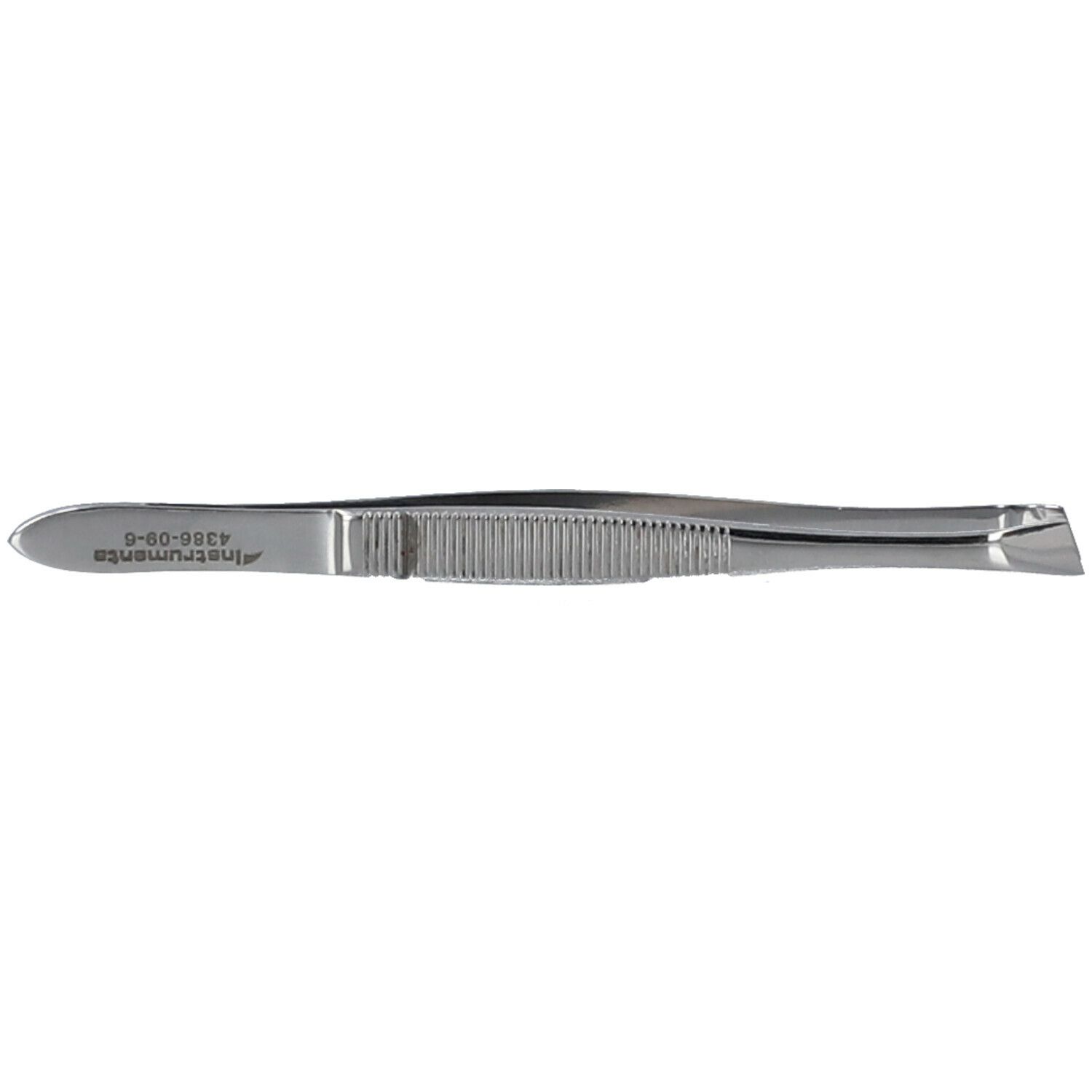 Metalen pincet. Gekerfde oppervlakte. Opschrift: Instrumenta 4386-09-6. Schuin toelopende punt.