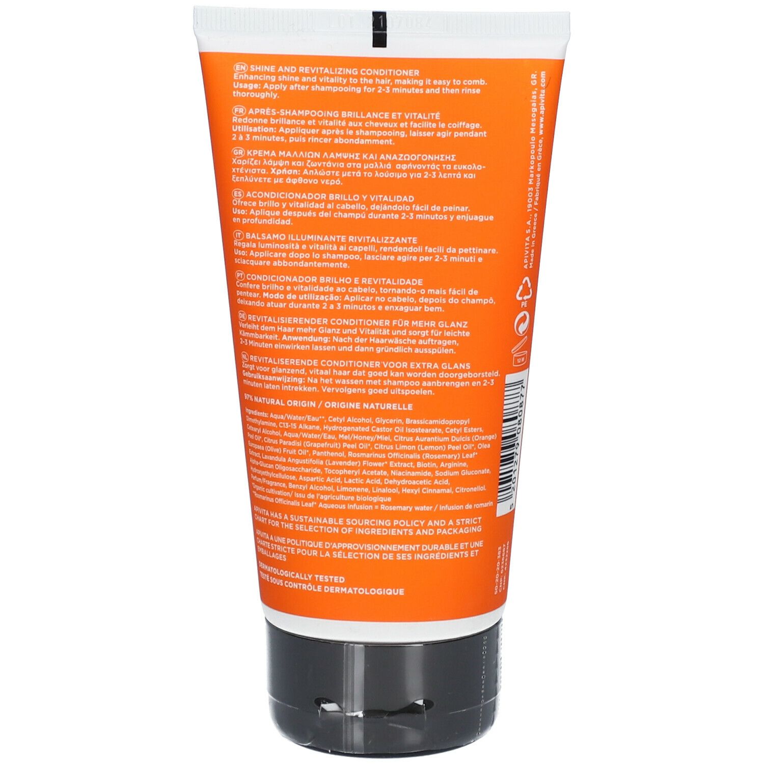 Rückseite einer orangefarbenen Tube. Mehrsprachiger Text. Enthält Informationen zum Produkt und Inhaltsstoffen.