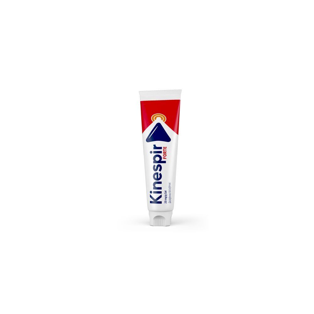 Tube Kinespir Forte 20 mg/g Gel. Witte dop, rode tube met witte tekst. Bevat diclofenac.
