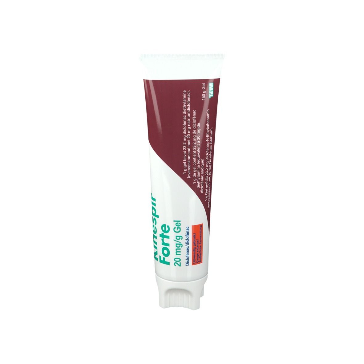 Tube Kinespir Forte 20 mg/g Gel. Witte dop, rode tube met witte en groene tekst. Bevat diclofenac.