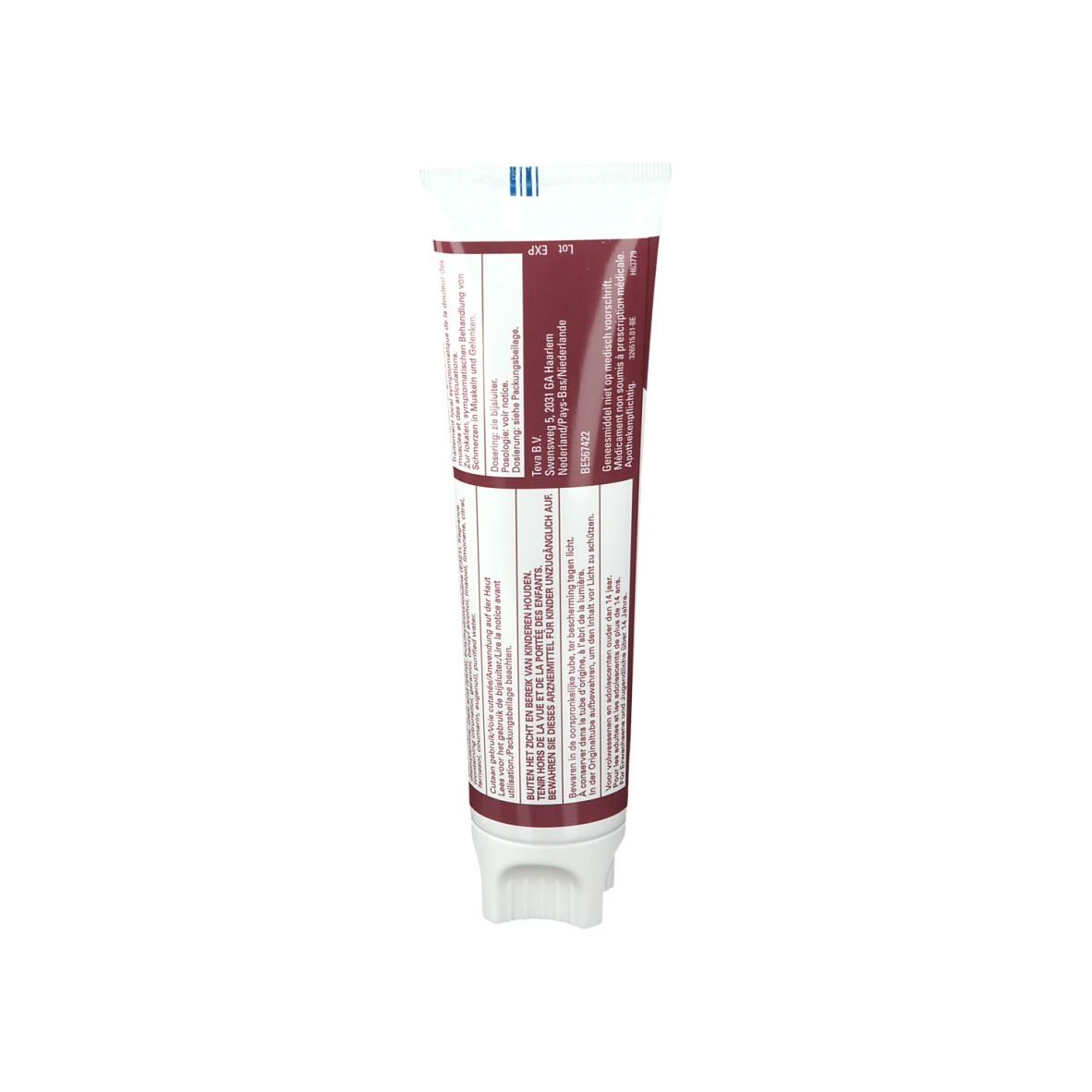 Achterkant van de tube Kinespir Forte 20 mg/g Gel. Rode tube met witte tekst. Bevat informatie en ingrediënten.