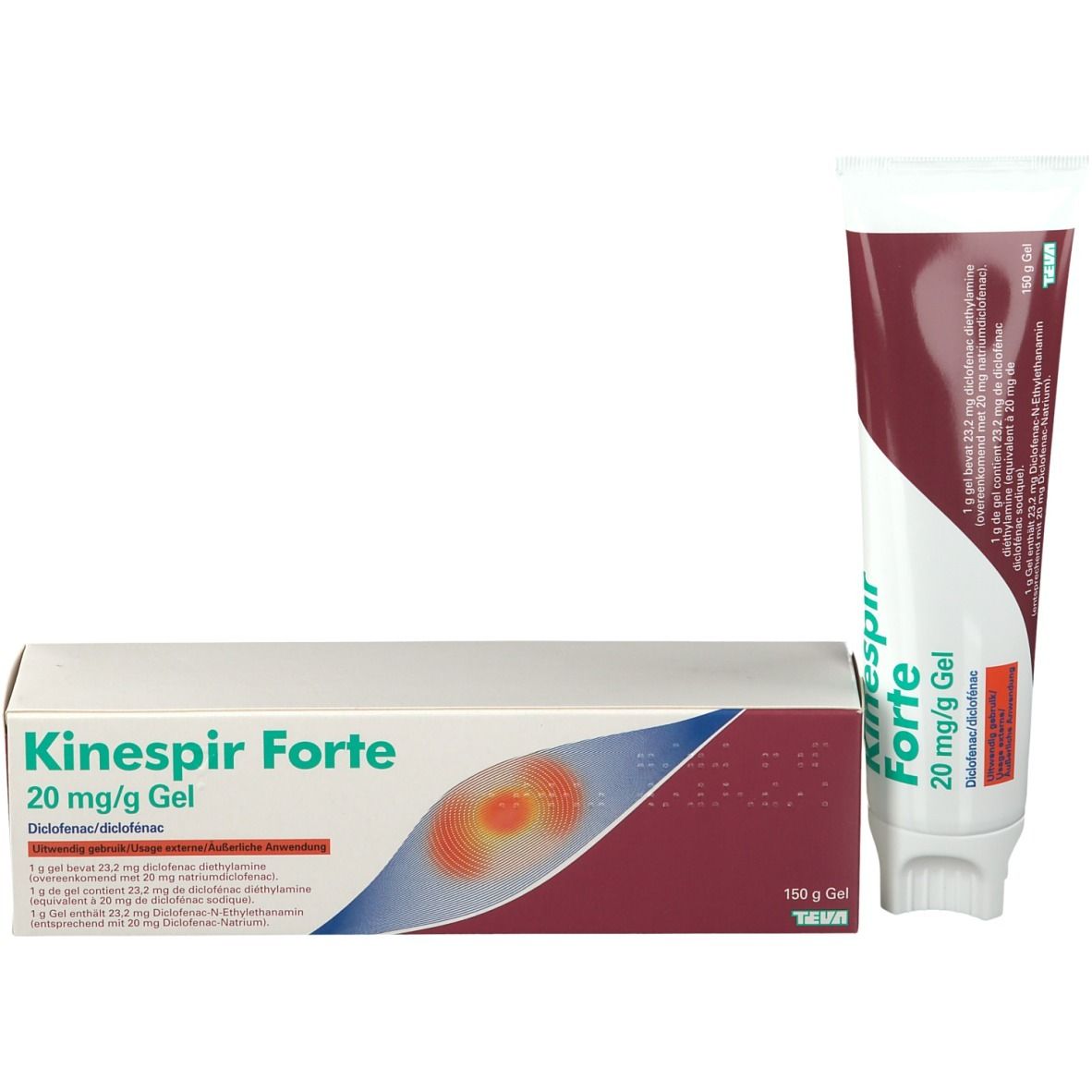 Kinespir Forte 20 mg/g Gel en doos. Tube en doos met rood en wit design. Bevat diclofenac.