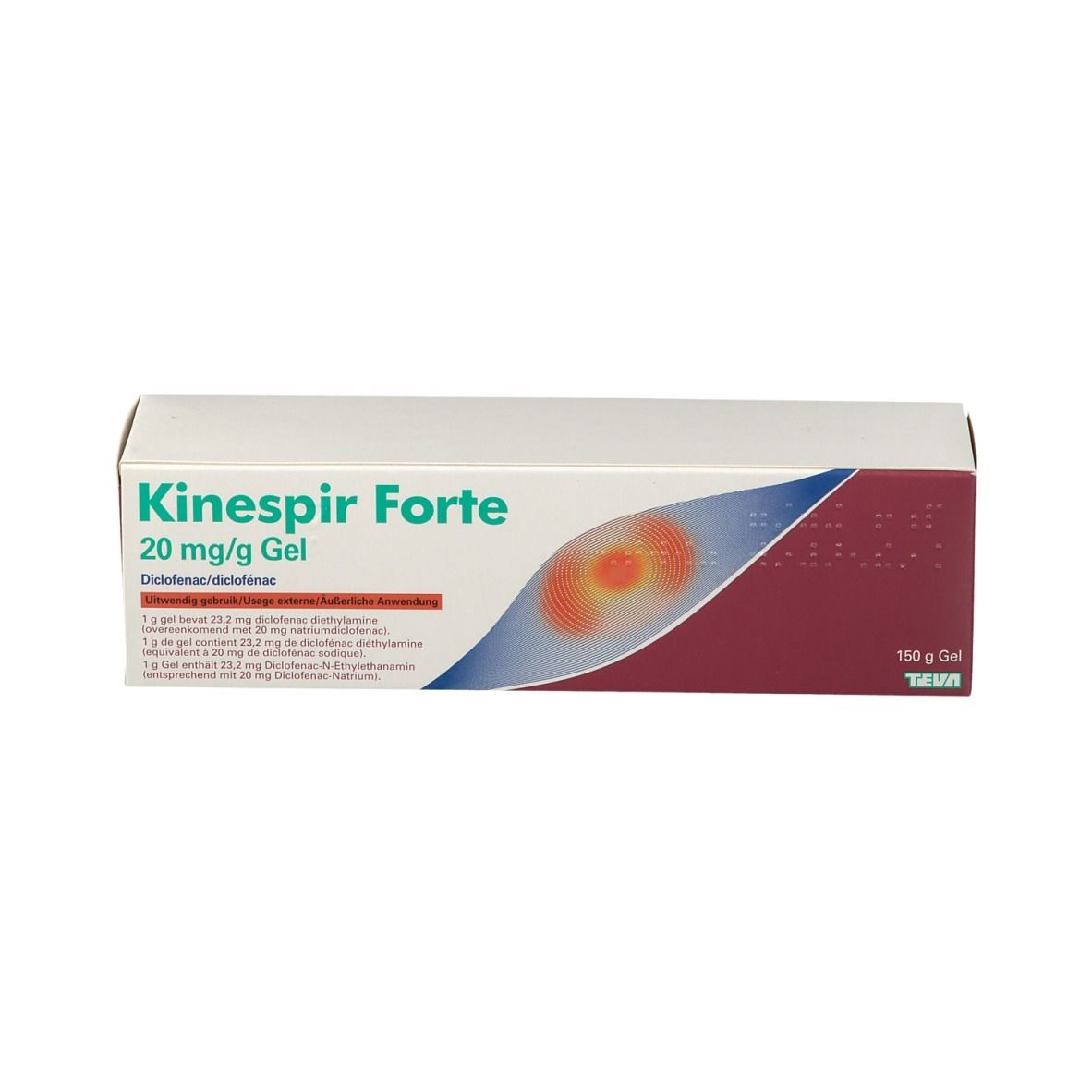 Doos Kinespir Forte 20 mg/g Gel. Wit met rood en blauw design. Bevat informatie en ingrediënten.