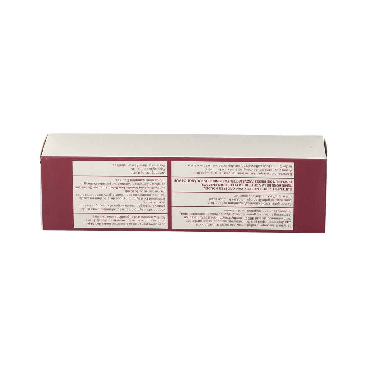 Doos Kinespir Forte 20 mg/g Gel. Achterkant. Wit met rode tekst. Bevat informatie en ingrediënten.