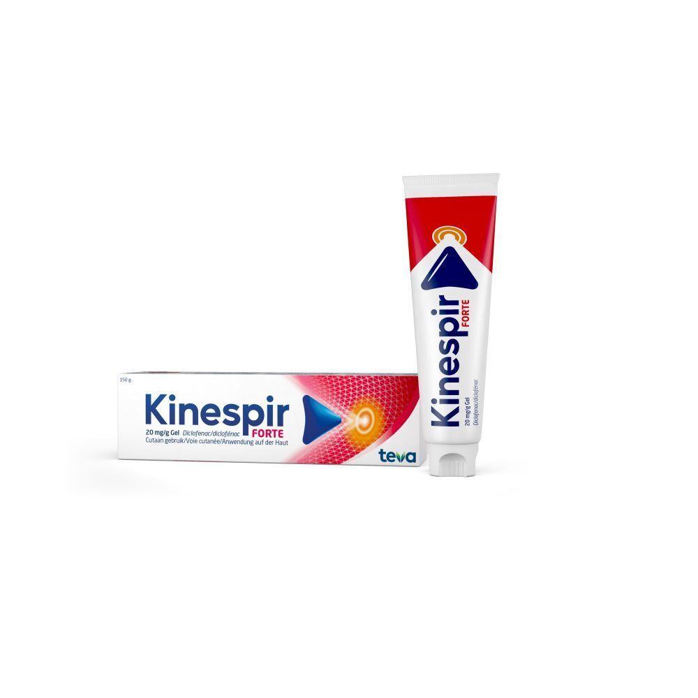 Kinespir Forte 20 mg/g Gel en doos. Tube en doos met rood en blauw design. Bevat diclofenac.