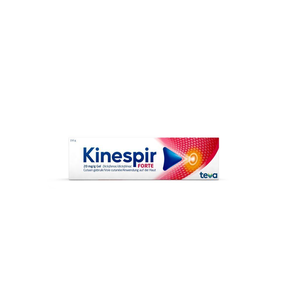 Doos Kinespir Forte 20 mg/g Gel. Wit met rood en blauw design. Bevat informatie en ingrediënten.