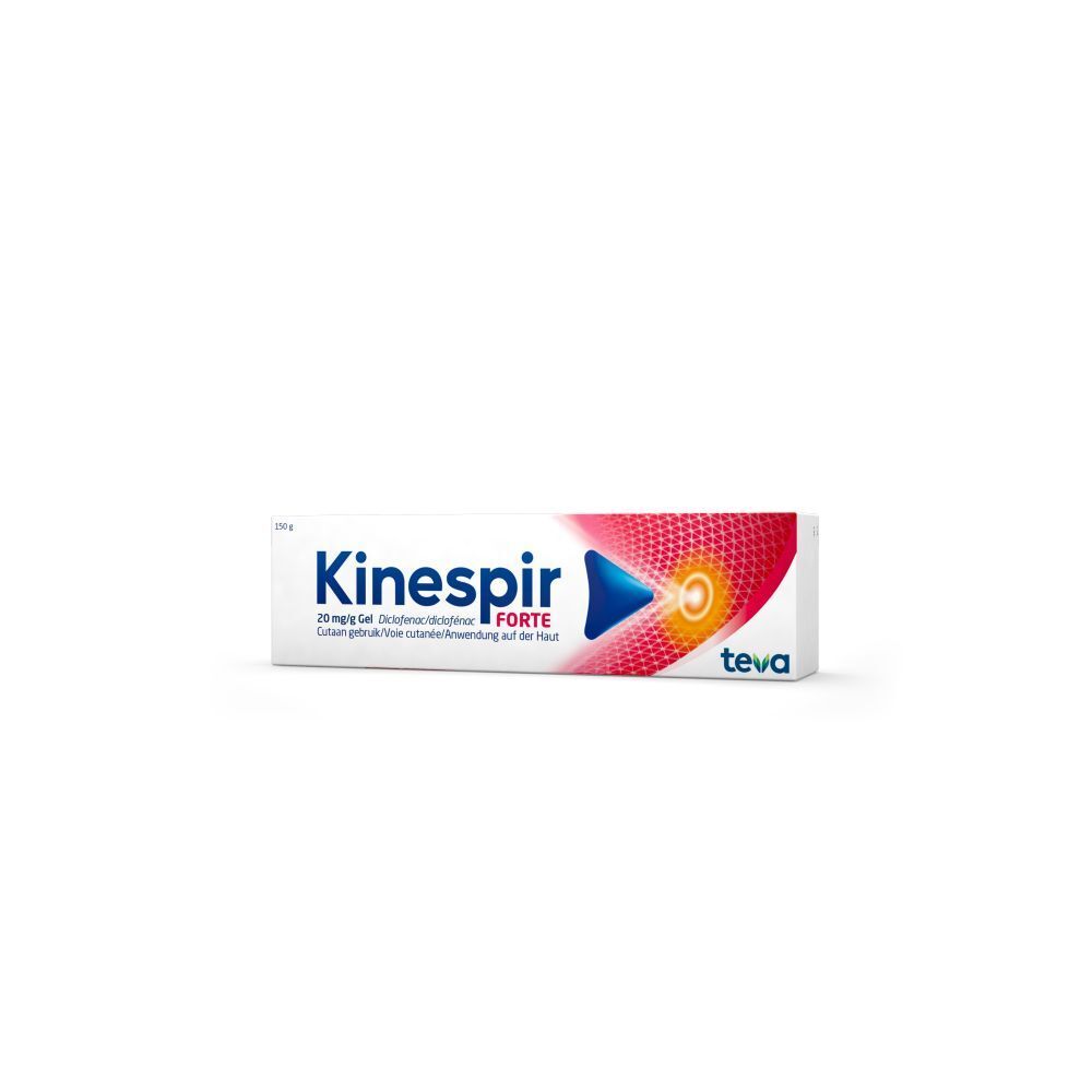Doos Kinespir Forte 20 mg/g Gel. Wit met rood en blauw design. Bevat informatie en ingrediënten.