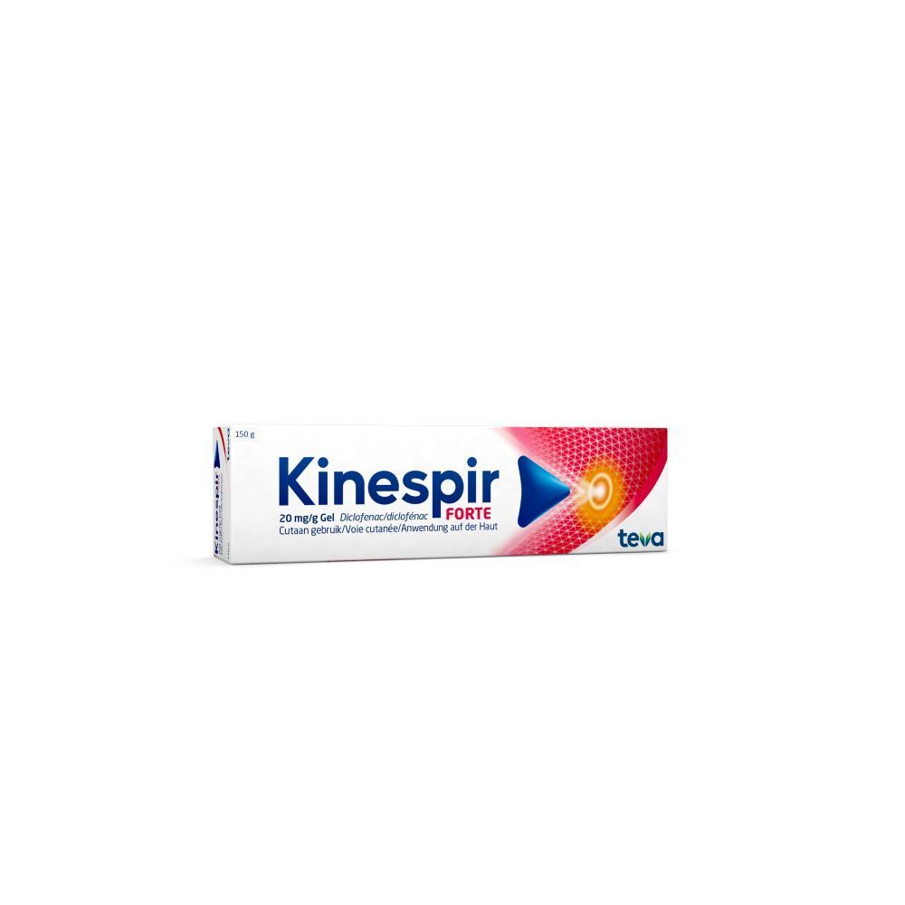 Doos Kinespir Forte 20 mg/g Gel. Wit met rood en blauw design. Bevat informatie en ingrediënten.