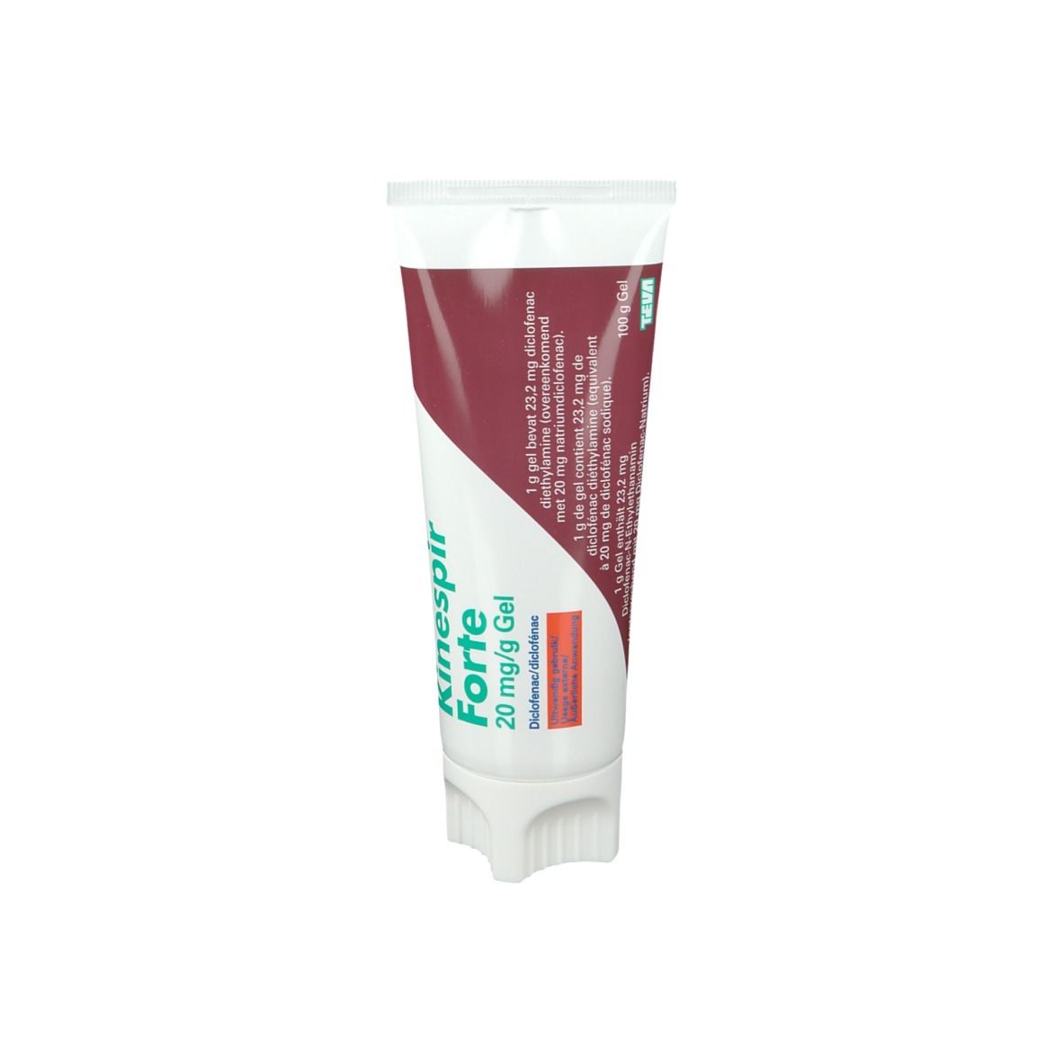 Tube Kinespir Forte 20 mg/g gel. Wit en rood ontwerp. Productnaam en ingrediënten zichtbaar.