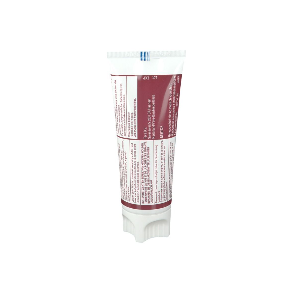 Achterkant tube Kinespir Forte 20 mg/g gel. Meertalige tekst. Fabrikantinformatie.