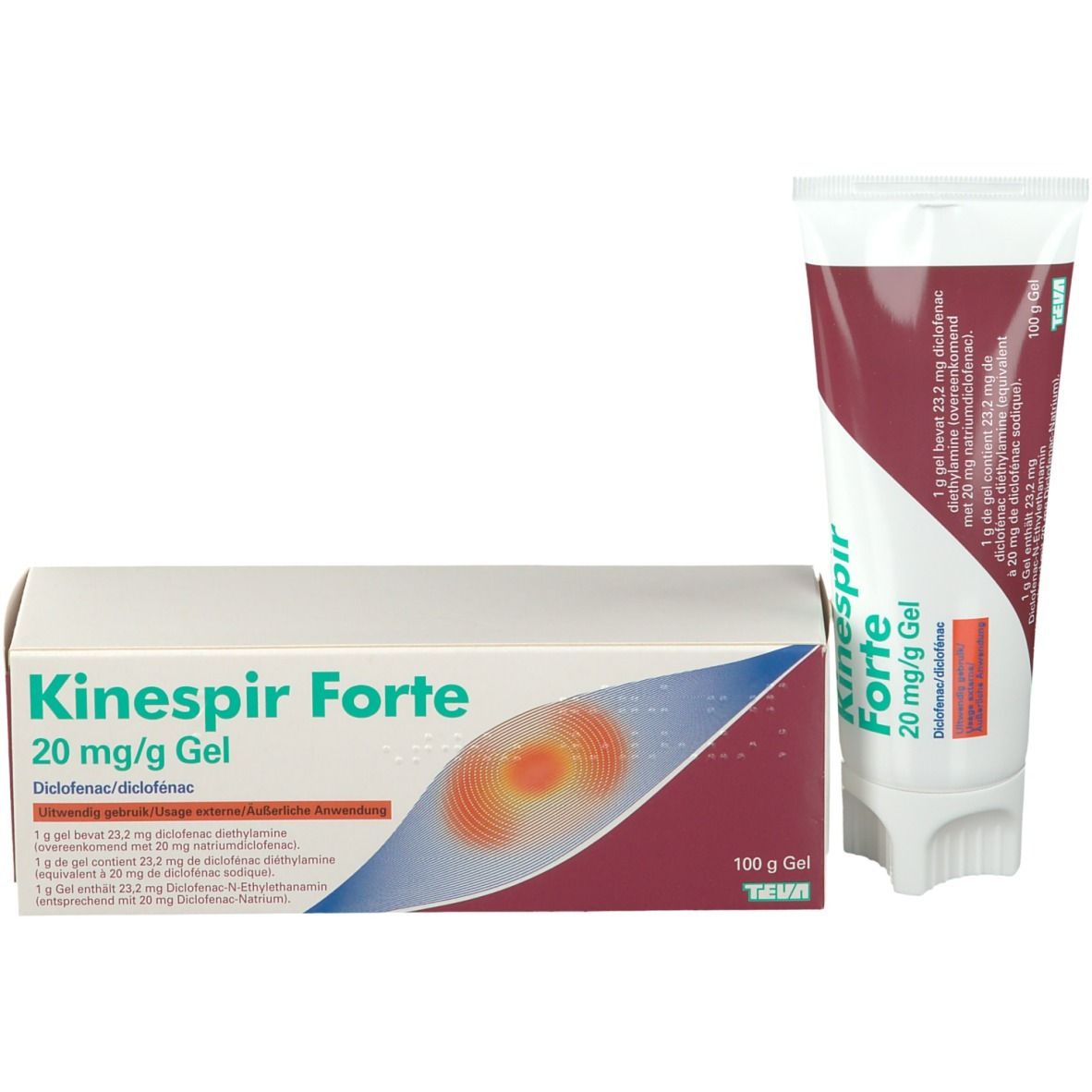 Tube en doos Kinespir Forte 20 mg/g gel. Tube en doos naast elkaar.