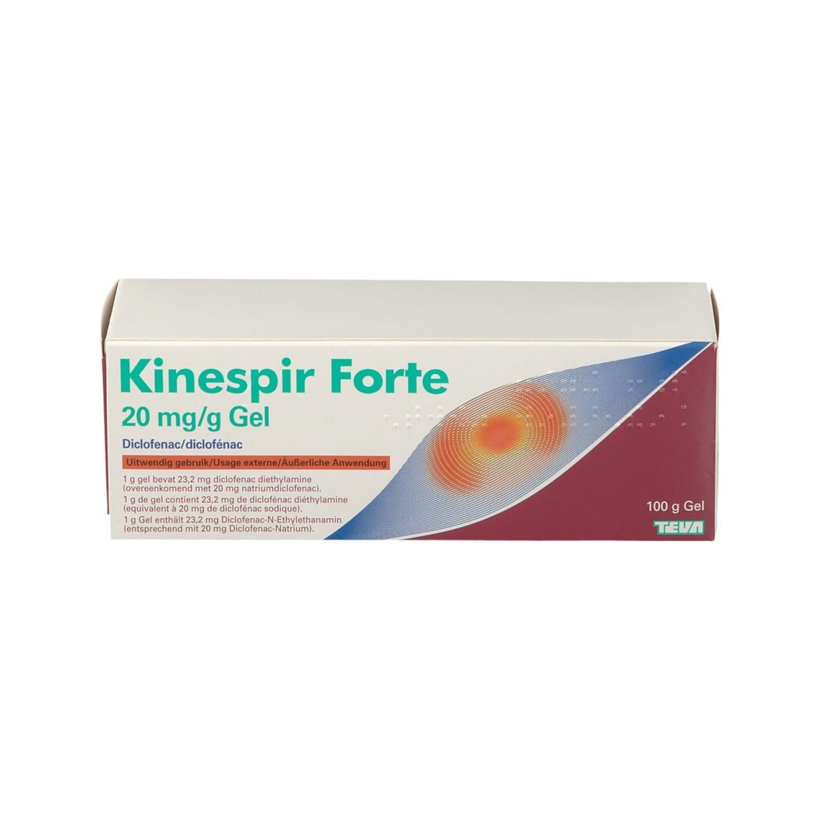 Doos Kinespir Forte 20 mg/g gel. Wit met rode streep. Naam en ingrediënten.
