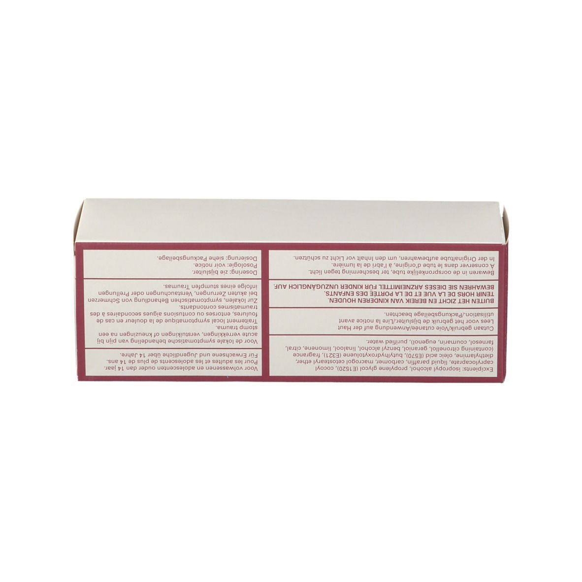 Doos Kinespir Forte 20 mg/g gel. Achterkant. Meertalige tekst.