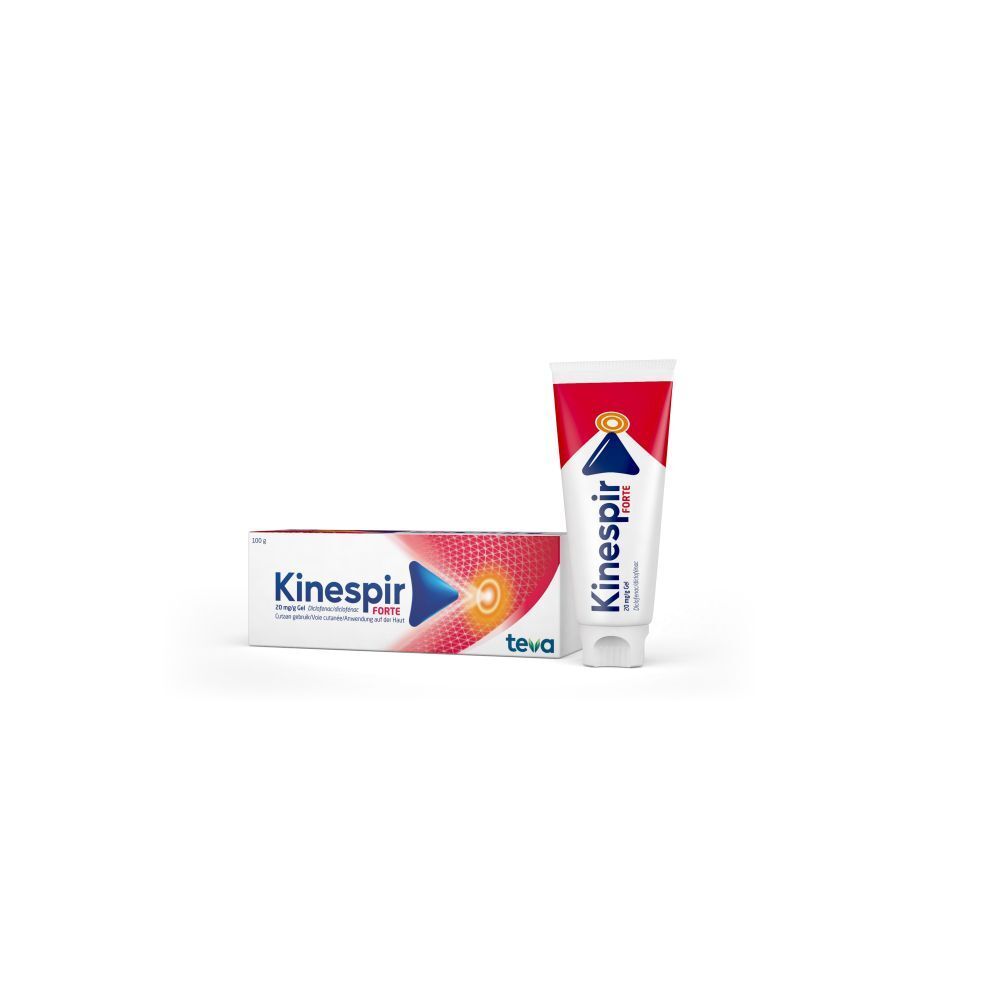 Tube en doos Kinespir Forte 20 mg/g gel. Beide producten naast elkaar.