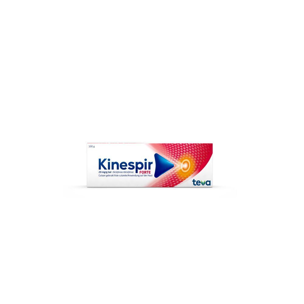 Doos Kinespir Forte 20 mg/g gel. Productnaam en logo. Wit met rode streep.