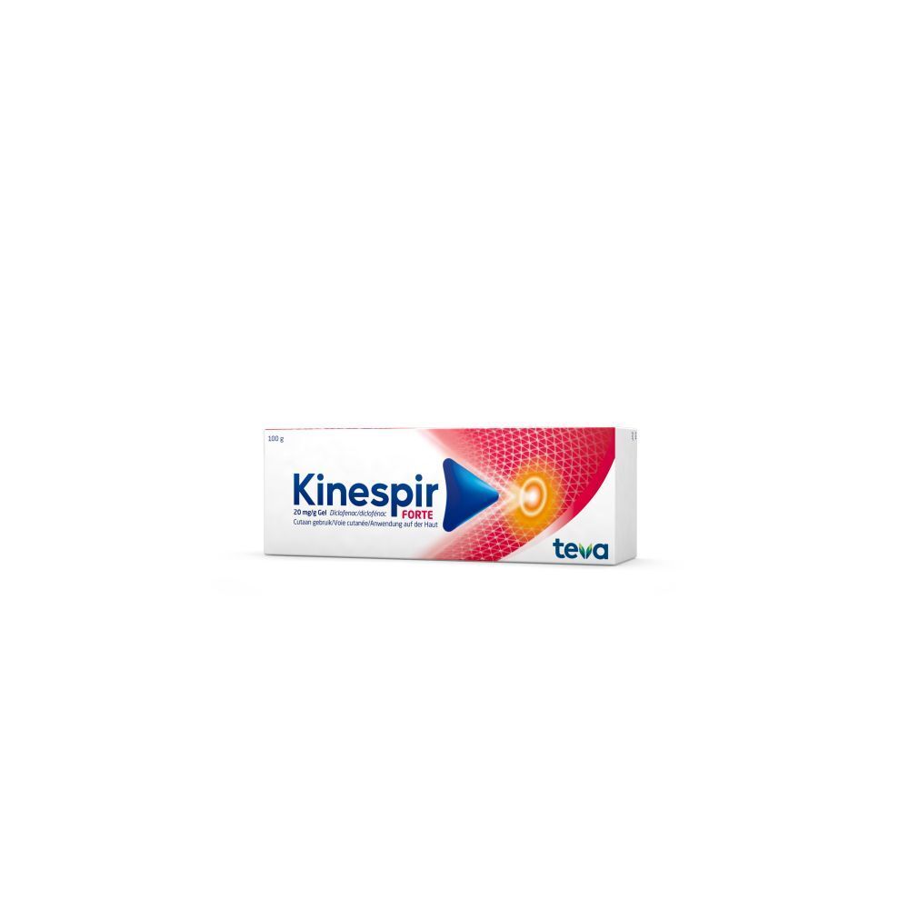 Doos Kinespir Forte 20 mg/g gel. Productnaam en logo. Wit met rode streep.
