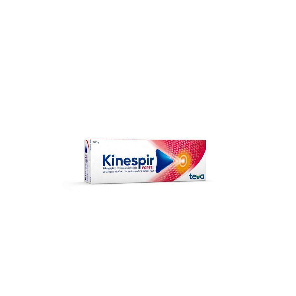 Doos Kinespir Forte 20 mg/g gel. Productnaam en logo. Wit met rode streep.