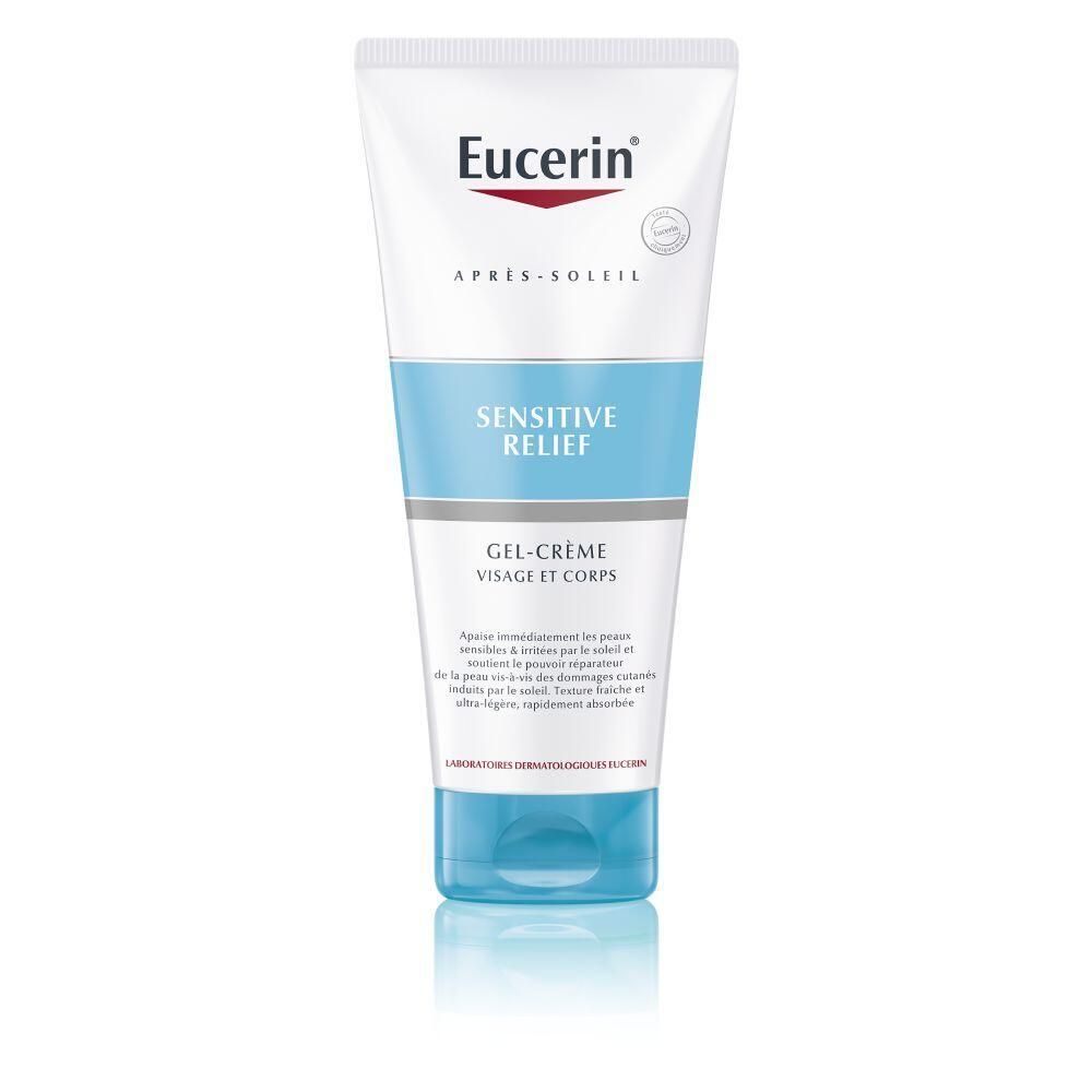 Tube Eucerin Après-Soleil Sensitive Relief Gel-Crème. Inscription : Sensitive Relief, Gel-Crème. Visage & Corps. Bleu et blanc.