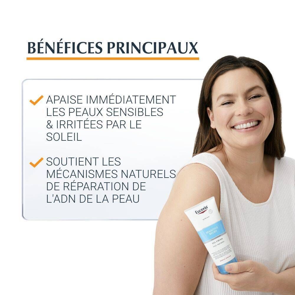 Femme tient Eucerin Après-Soleil Sensitive Relief Gel-Crème. Texte : Apaise peaux sensibles. Soutient la réparation de la peau.