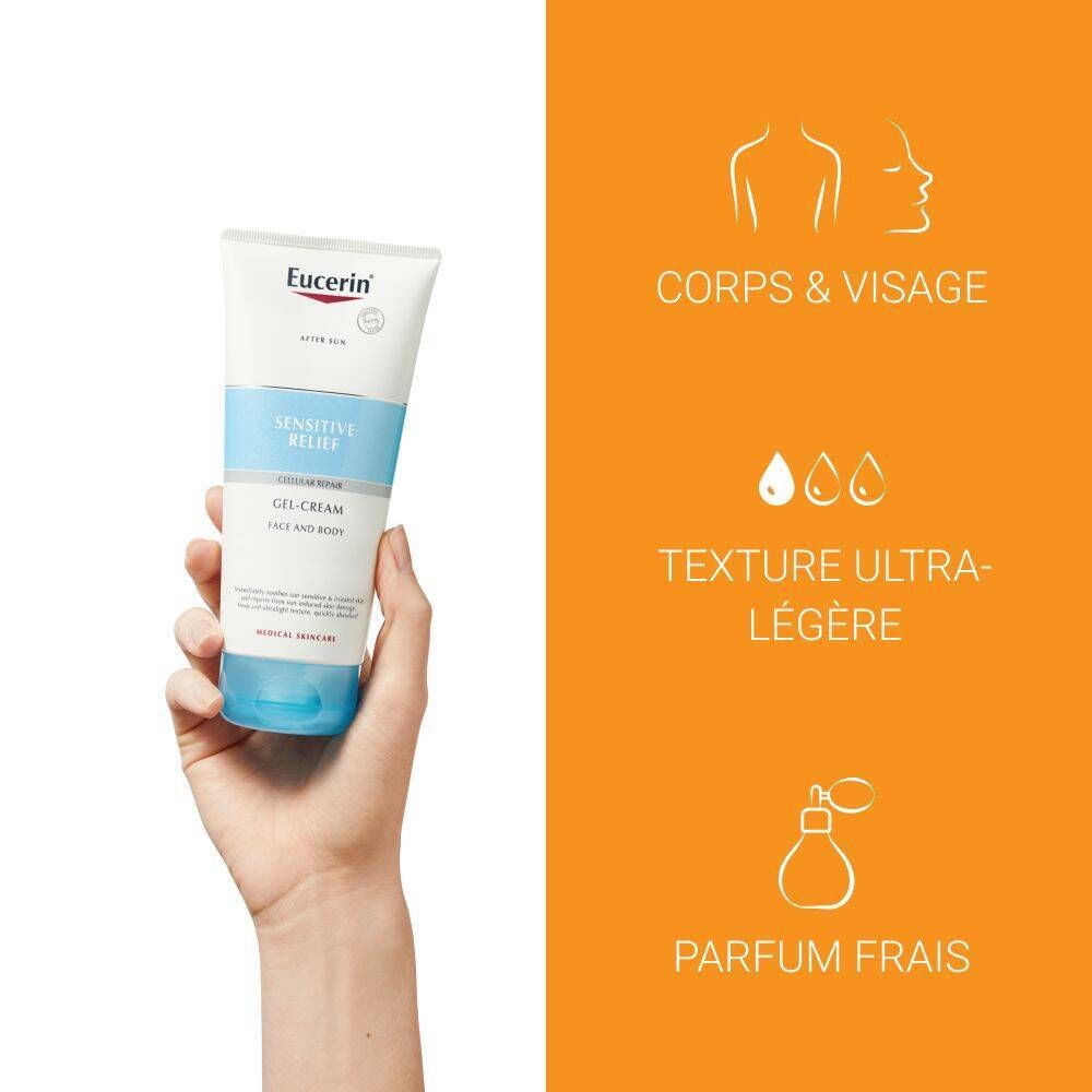 Main tenant Eucerin Après-Soleil Sensitive Relief Gel-Crème. Texte : Visage & corps, texture ultra-légère, parfum frais.