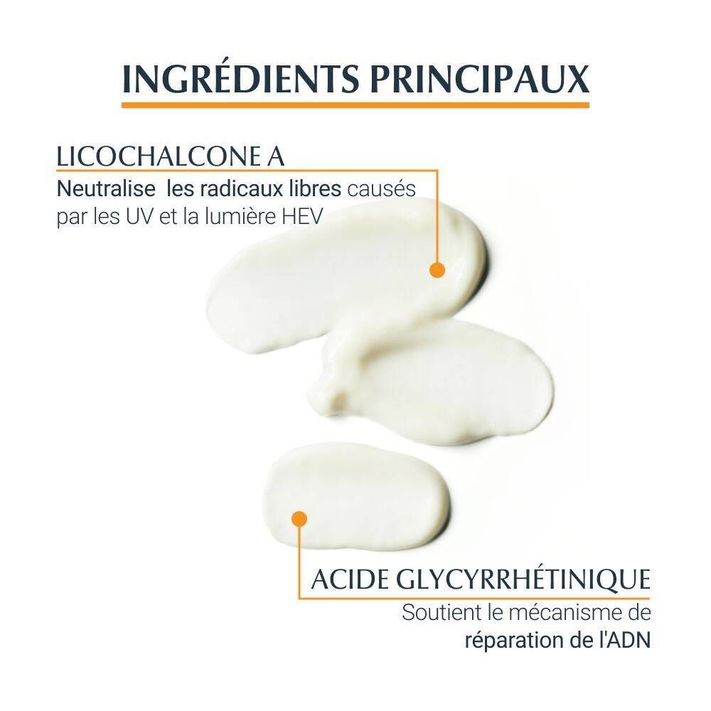 Gros plan sur des gouttes de crème. Texte : Ingrédients principaux : Licochalcone A, Acide glycyrrhétinique. Neutralise les radicaux.