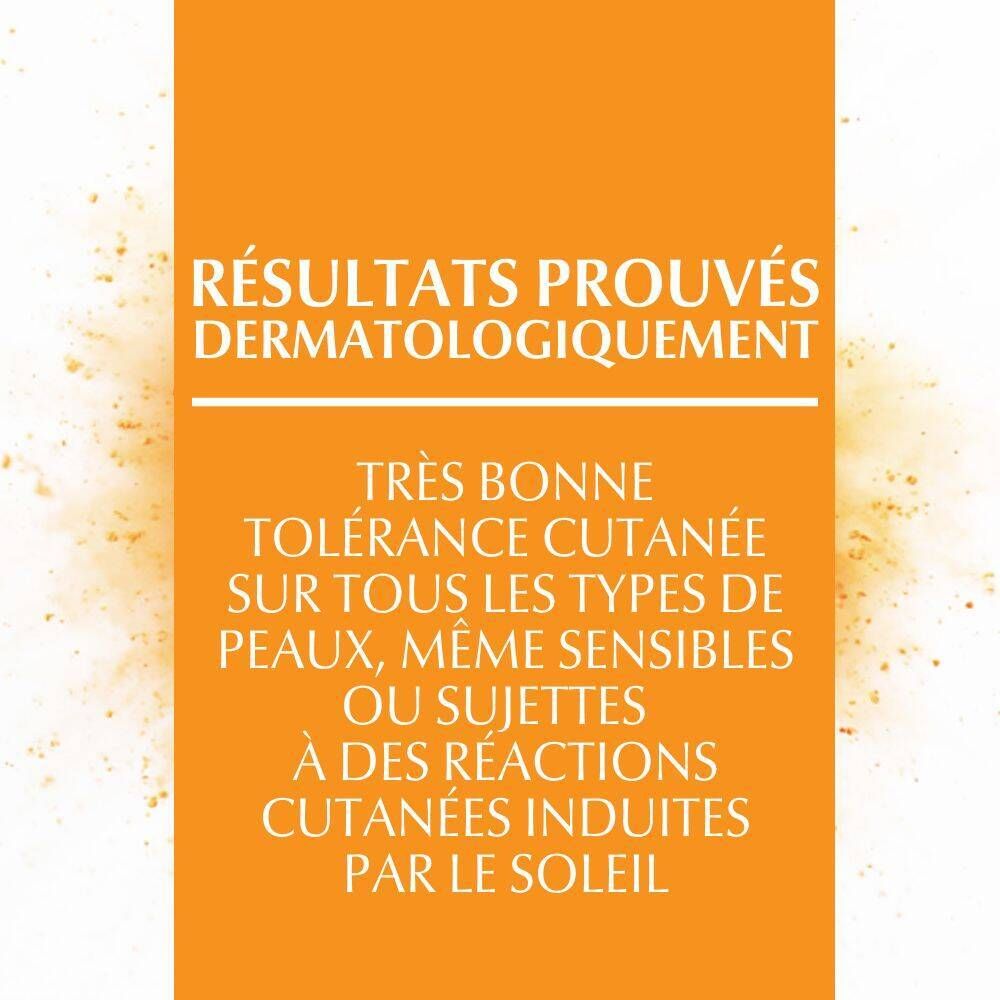 Texte sur fond orange : Résultats prouvés dermatologiquement. Très bonne tolérance cutanée.