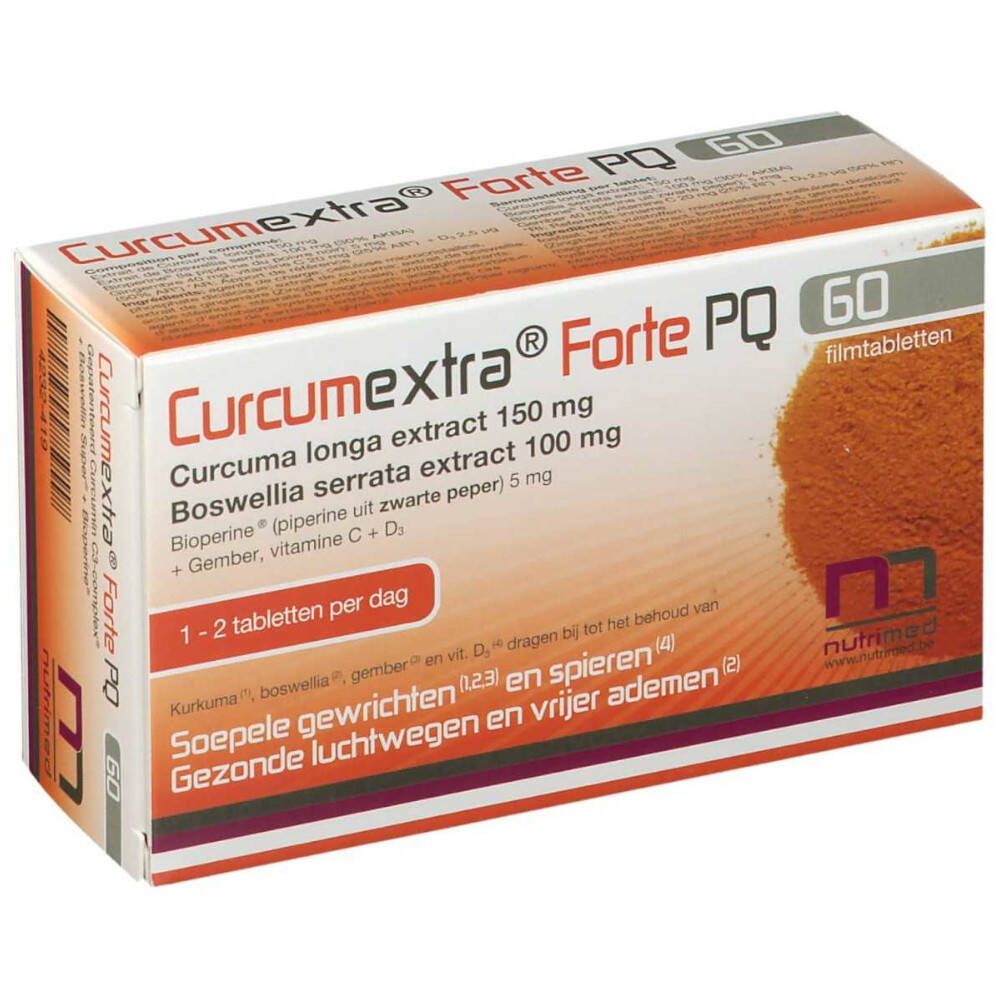 Verpakking van Curcumextra Forte PQ met 60 tabletten. Bevat kurkuma, boswellia, gember en vitamines. Witte en oranje doos.