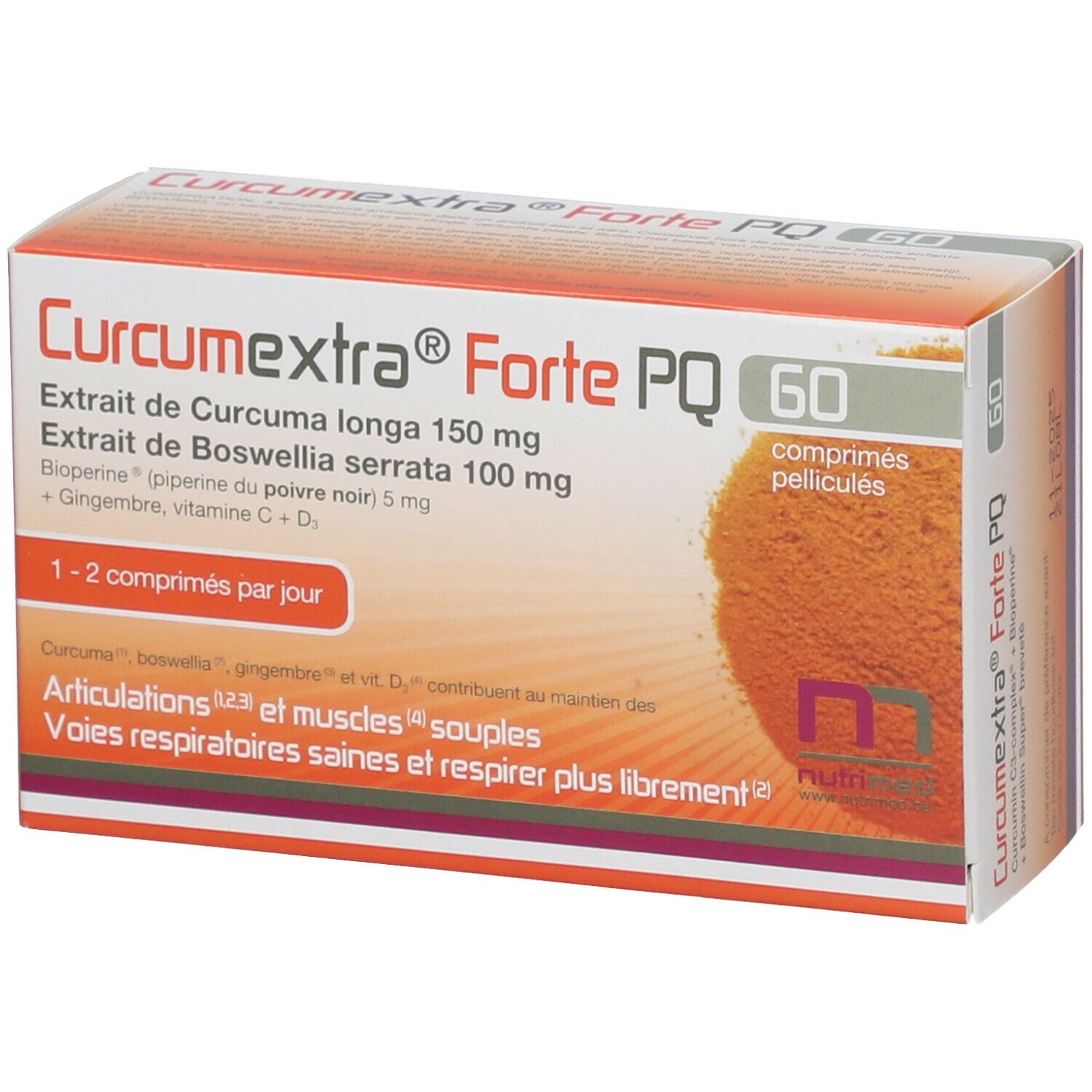 Verpakking van Curcumextra Forte PQ met 60 tabletten. Bevat kurkuma, boswellia, gember en vitamines. Witte en oranje doos.
