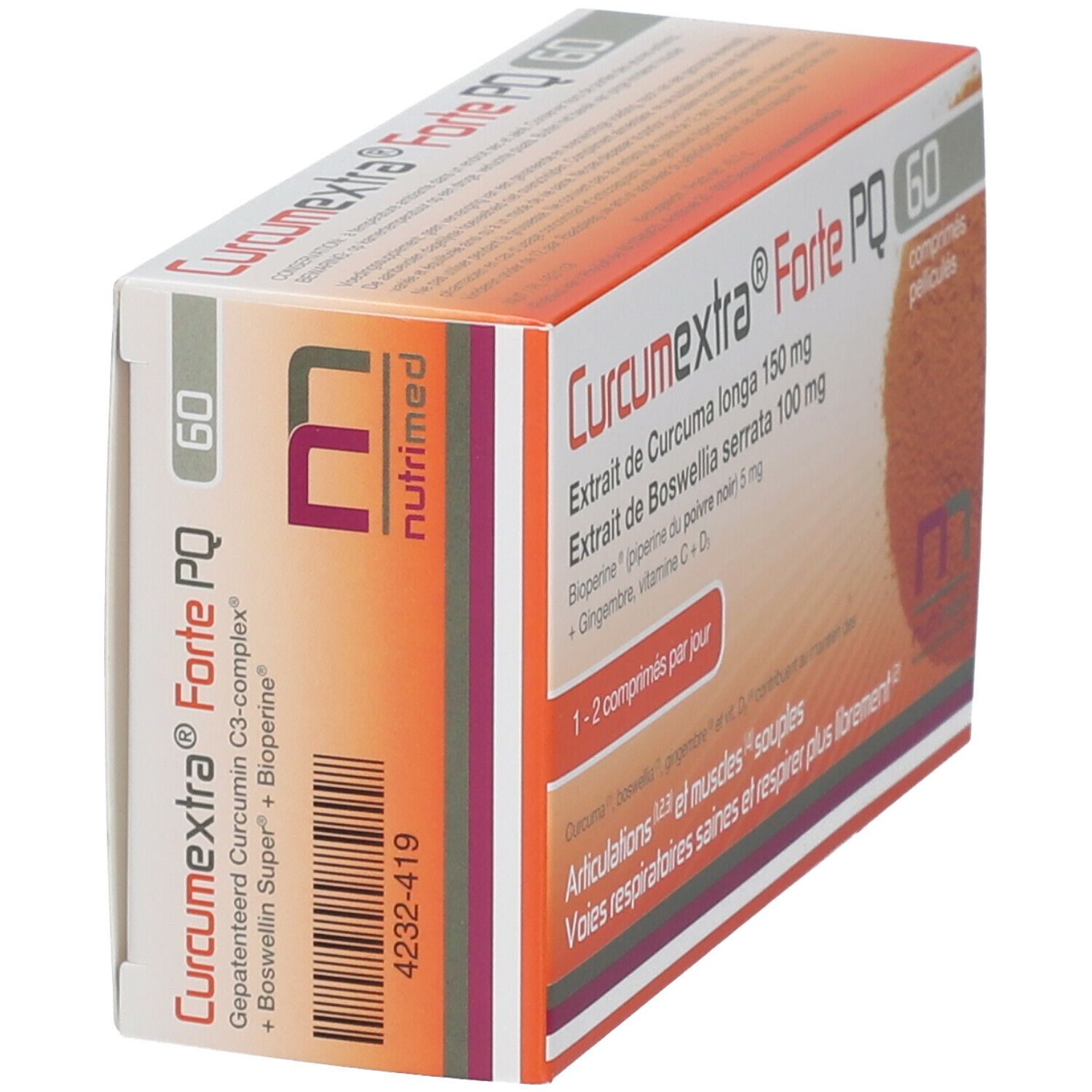 Schuin geplaatste verpakking van Curcumextra Forte PQ met 60 tabletten. Bevat kurkuma, boswellia, gember en vitamines. Witte en oranje doos.