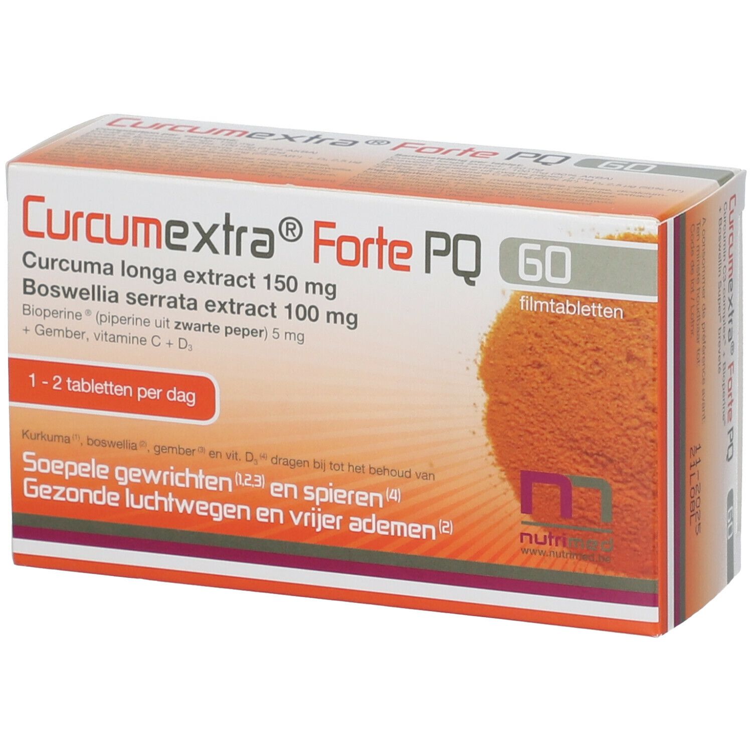 Verpakking van Curcumextra Forte PQ met 60 tabletten. Bevat kurkuma, boswellia, gember en vitamines. Witte en oranje doos.
