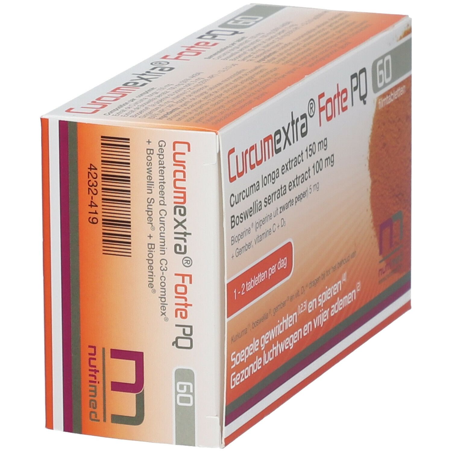 Schuin geplaatste verpakking van Curcumextra Forte PQ met 60 tabletten. Bevat kurkuma, boswellia, gember en vitamines. Witte en oranje doos.