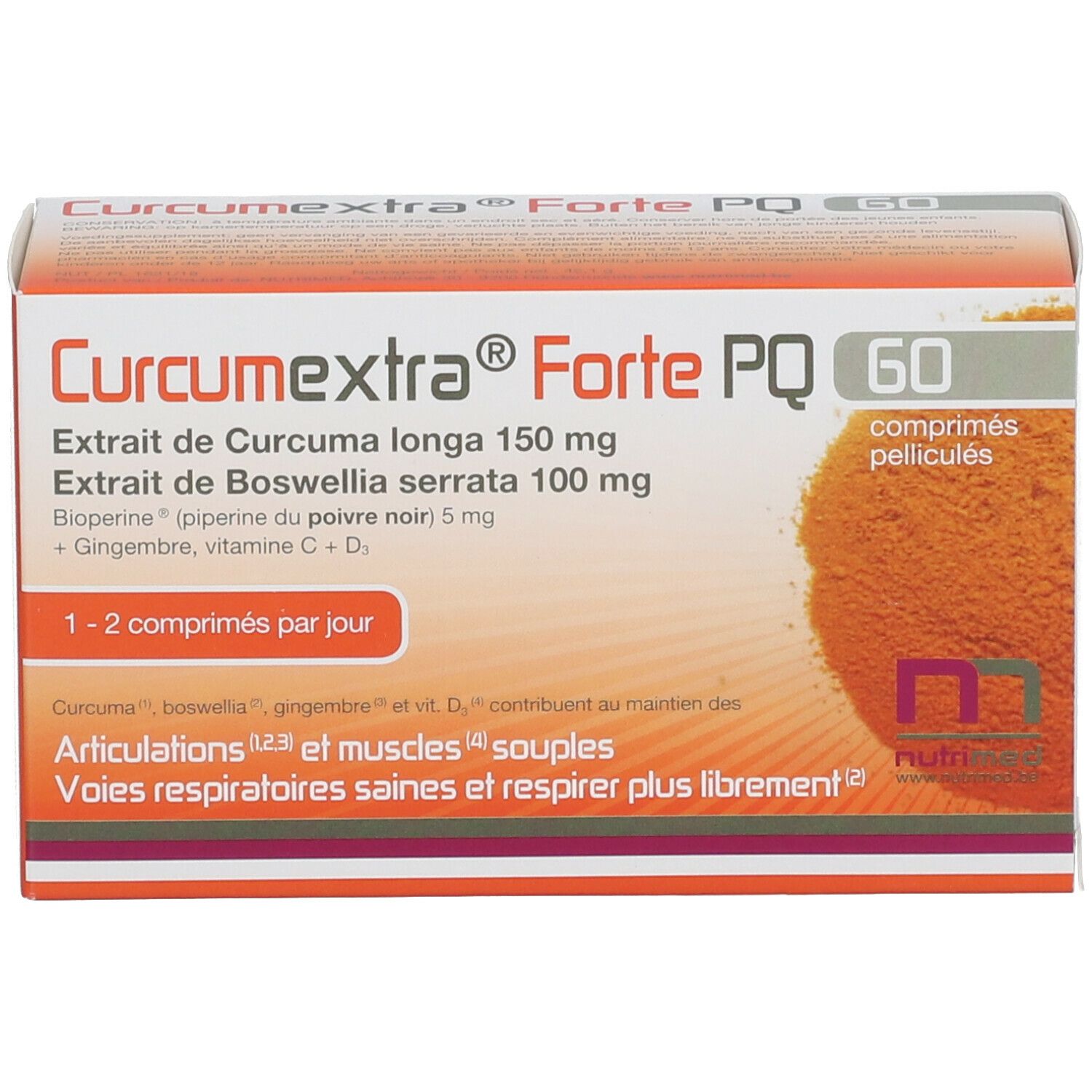 Verpakking van Curcumextra Forte PQ met 60 tabletten. Bevat kurkuma, boswellia, gember en vitamines. Witte en oranje doos.