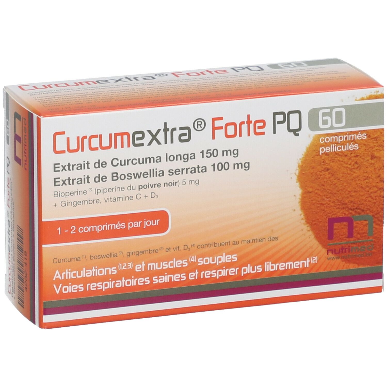 Schuin geplaatste verpakking van Curcumextra Forte PQ met 60 tabletten. Bevat kurkuma, boswellia, gember en vitamines. Witte en oranje doos.