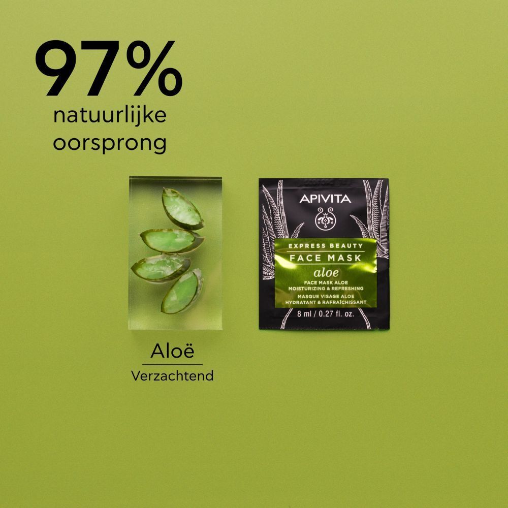 Aloë vera en APIVITA Express Beauty Aloe gezichtsmasker. Product op groene achtergrond met tekst.