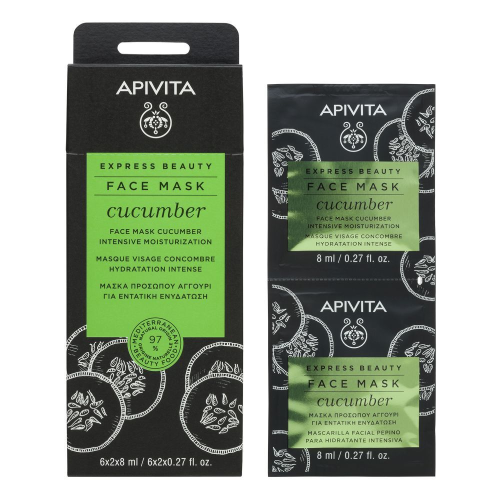 Productverpakking met twee maskerverpakkingen. Zwarte doos met groene accenten. Opschrift: APIVITA FACE MASK Cucumber.