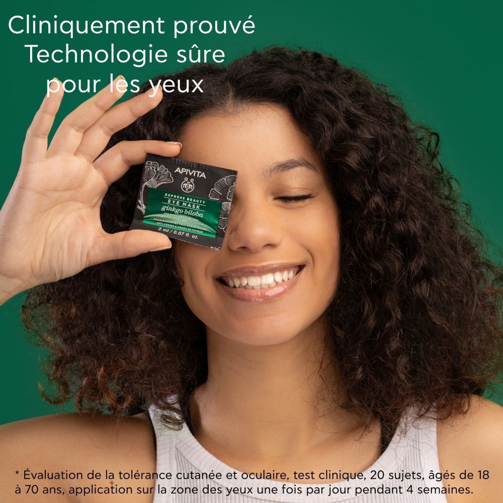 Femme tenant un masque pour les yeux devant l'œil. Texte : Cliniquement prouvé. Technologie sûre pour les yeux.