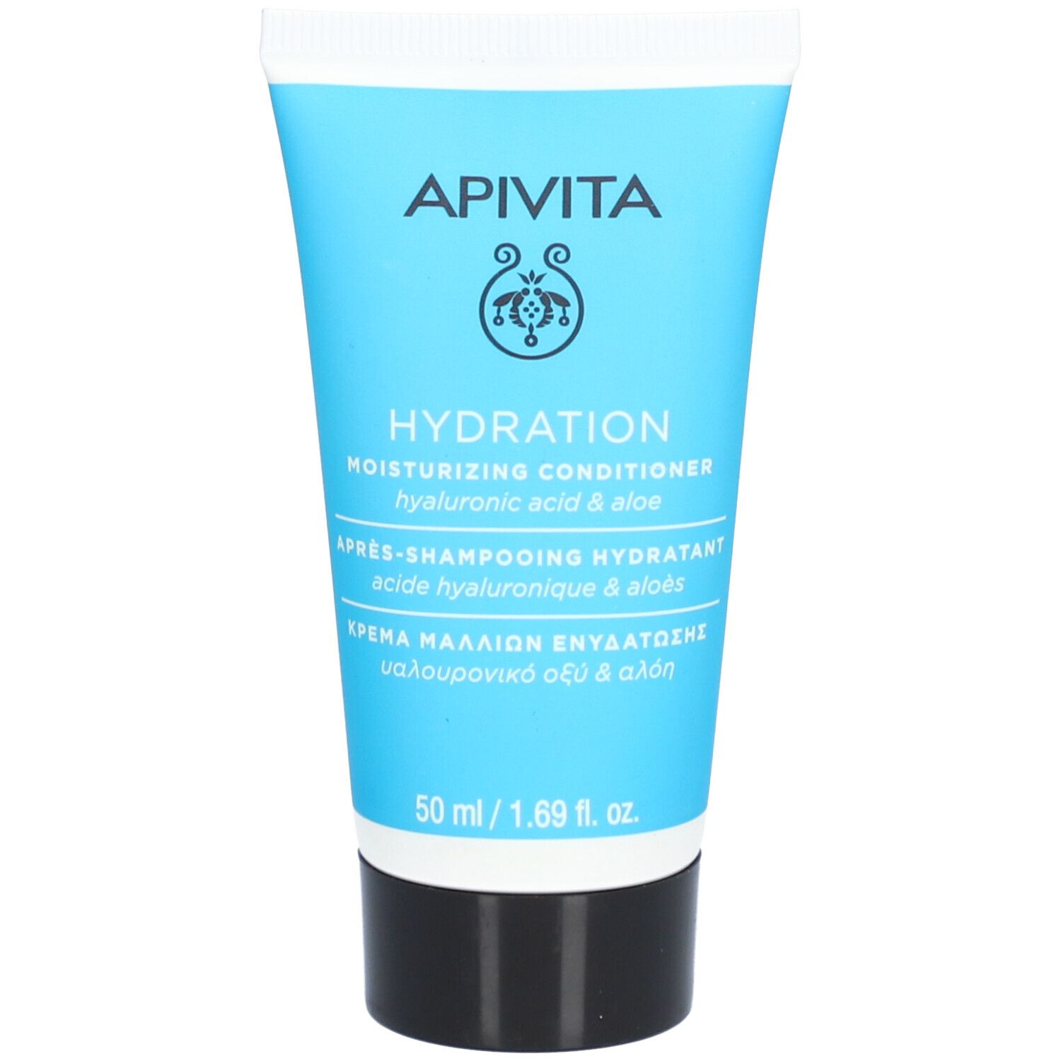 Tube bleu clair et blanc. Logo "Apivita" et texte "Hydration". Contient un après-shampooing hydratant à l'acide hyaluronique et à l'aloe.
