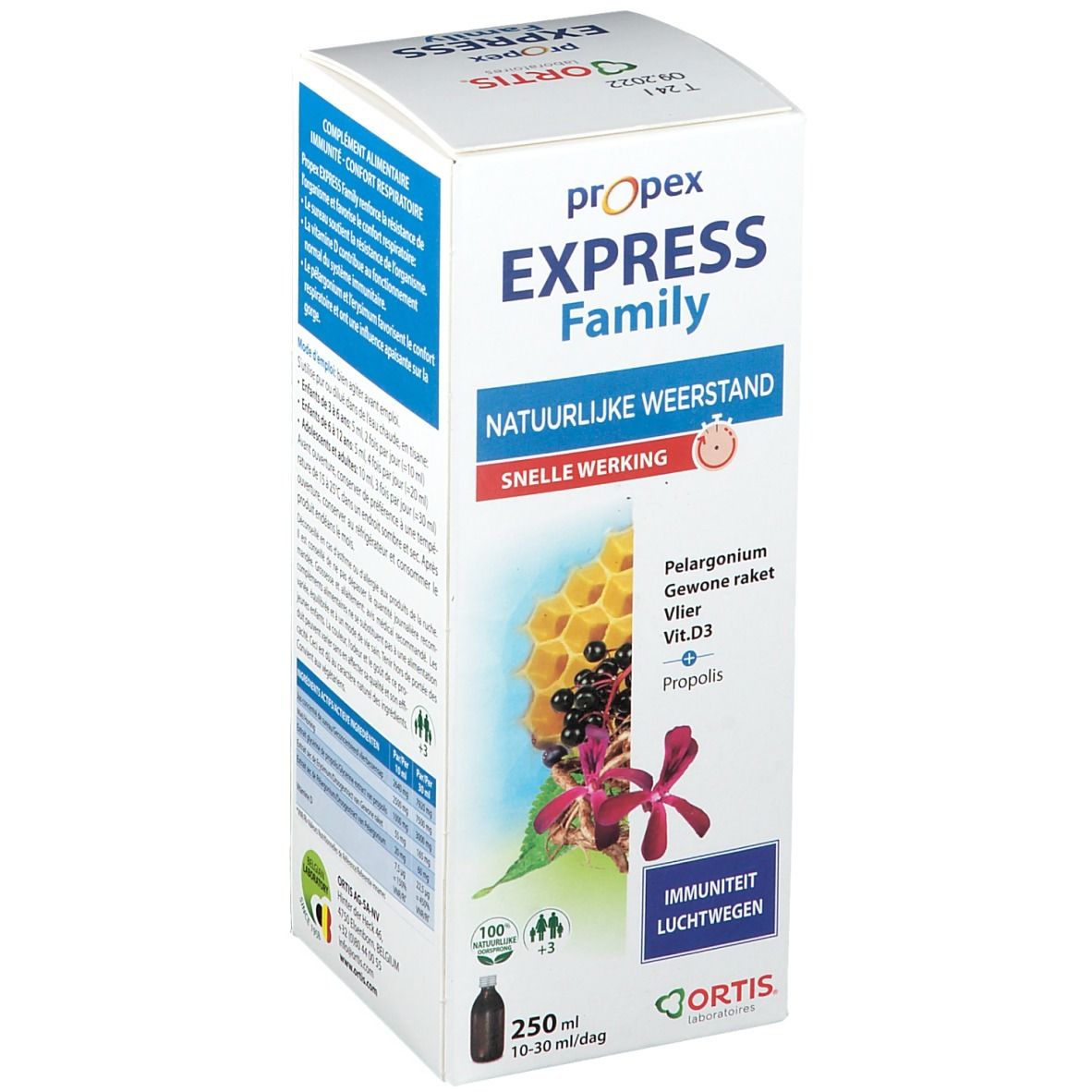 Ortis® Propex Express Family verpakking. Bevat 250 ml. Illustraties van bijenraat en planten. Productinformatie.