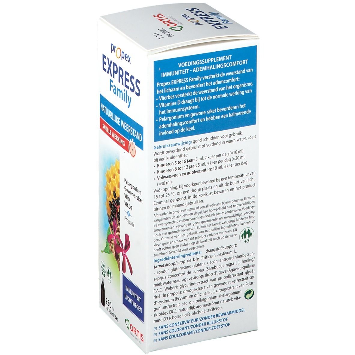 Achterkant Ortis® Propex Express Family verpakking. Productinformatie, ingrediënten en gebruiksaanwijzing.