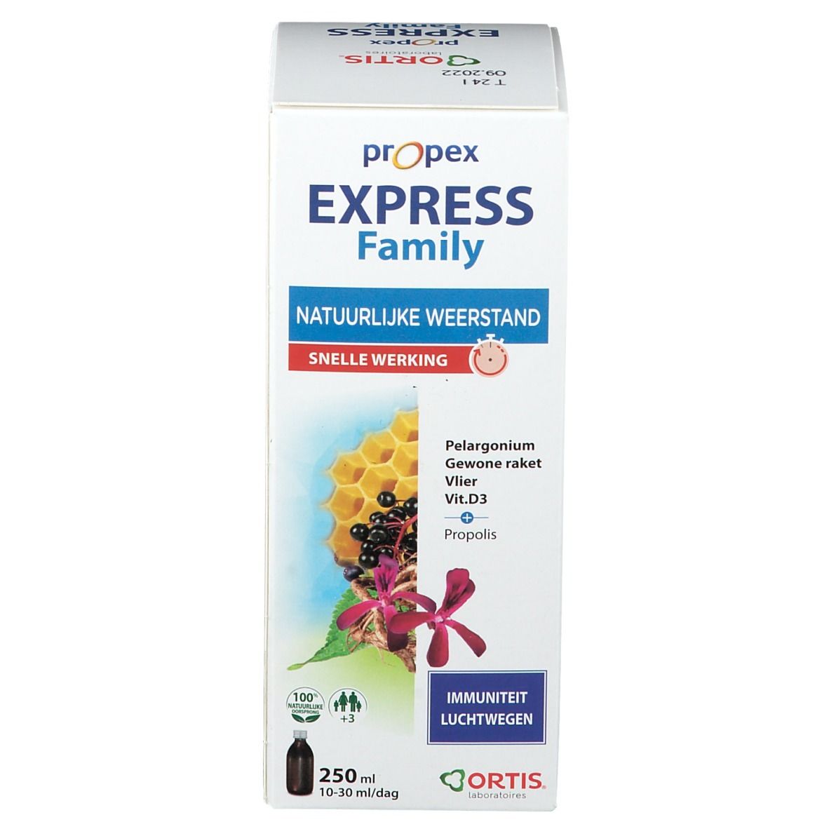 Ortis® Propex Express Family verpakking. Bevat 250 ml. Illustraties van bijenraat en planten. Productinformatie.