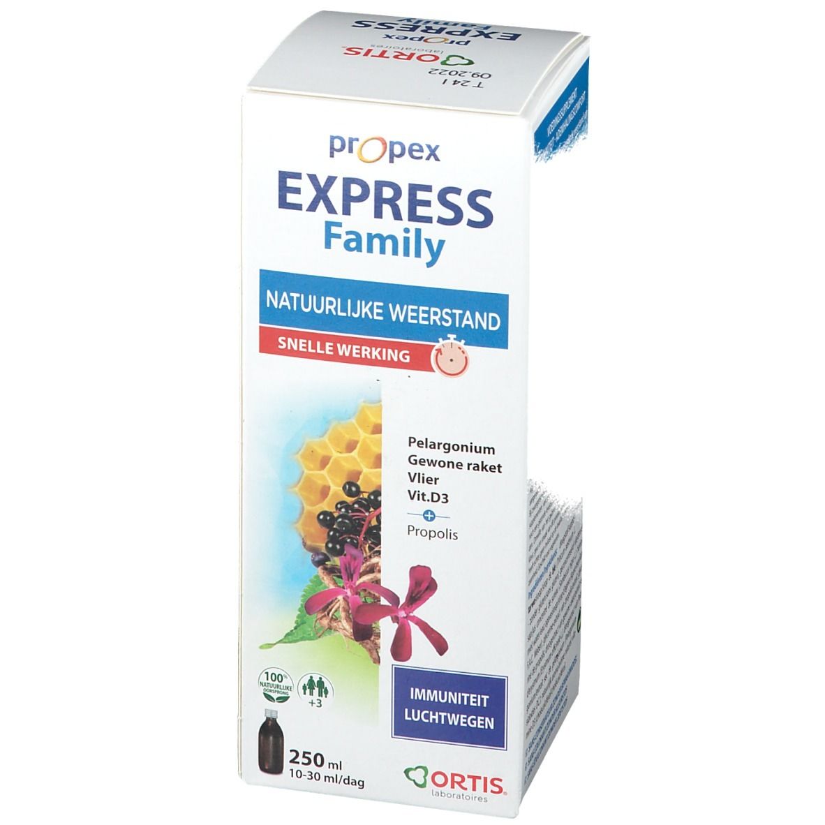Ortis® Propex Express Family verpakking. Bevat 250 ml. Illustraties van planten. Productinformatie.