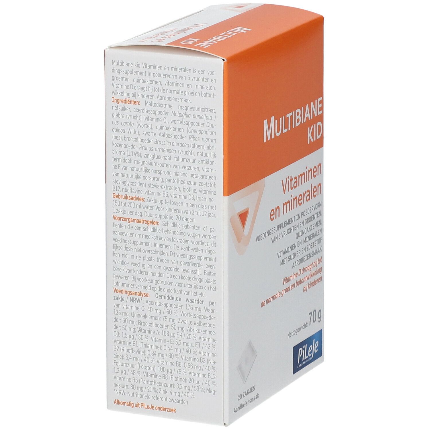 Kartonnen verpakking, zijaanzicht. Productnaam en informatie. Oranje en witte kleuren. Merk Pileje. 20 zakjes, 70g.