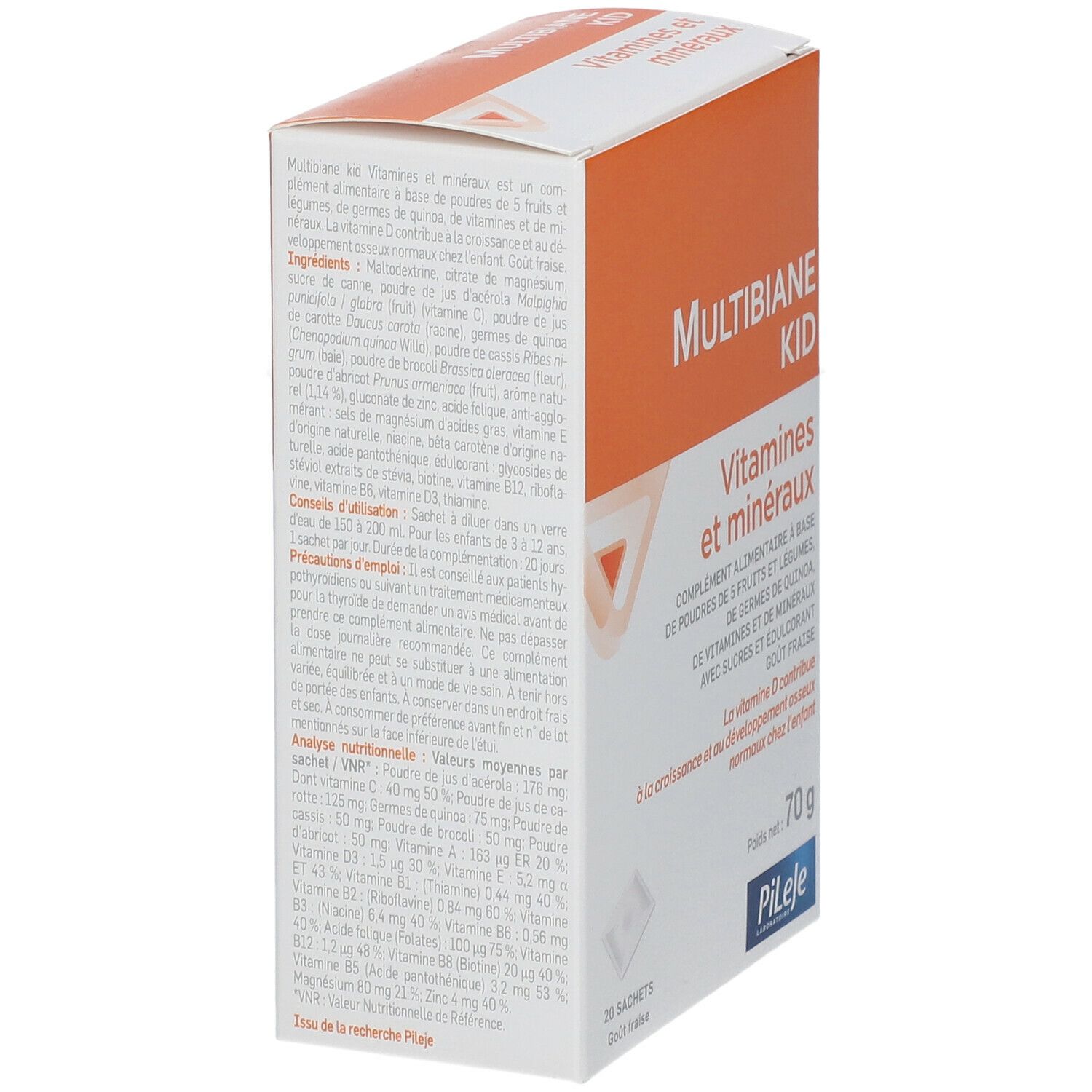 Kartonnen verpakking, zijaanzicht. Productnaam en informatie. Oranje en witte kleuren. Merk Pileje. 20 zakjes, 70g.