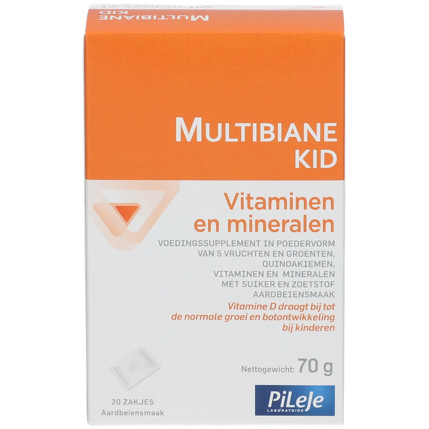 Kartonnen verpakking met productnaam en informatie. Oranje en witte kleuren. 20 zakjes, 70g. Merk Pileje.