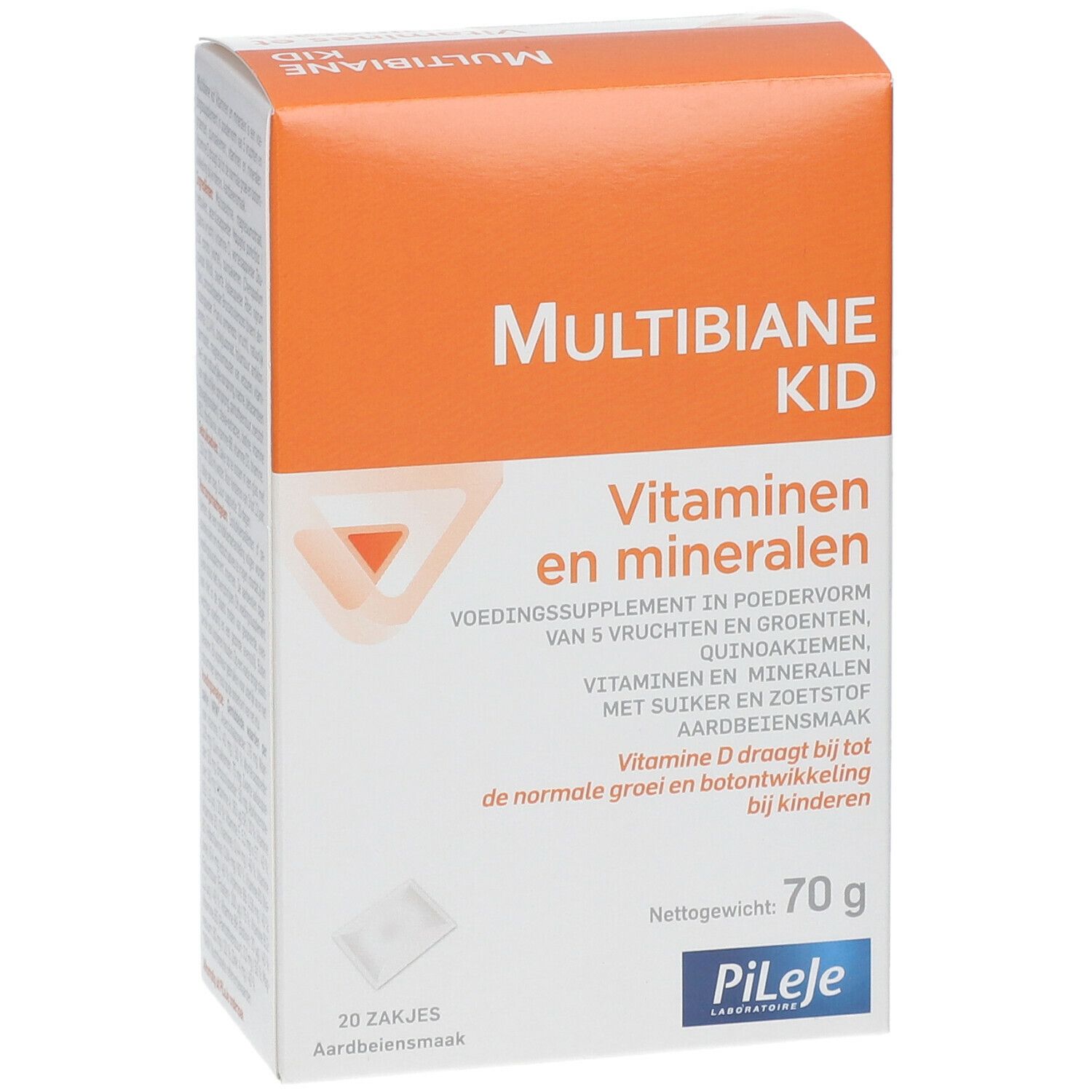 Kartonnen verpakking met productnaam en informatie. Oranje en witte kleuren. 20 zakjes, 70g. Merk Pileje.