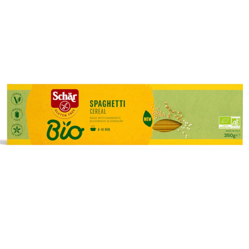 Gele verpakking "Schär Bio Spaghetti Cereal". Glutenvrij, vegan. Bevat amarant, boekweit en sorghum. 350g.