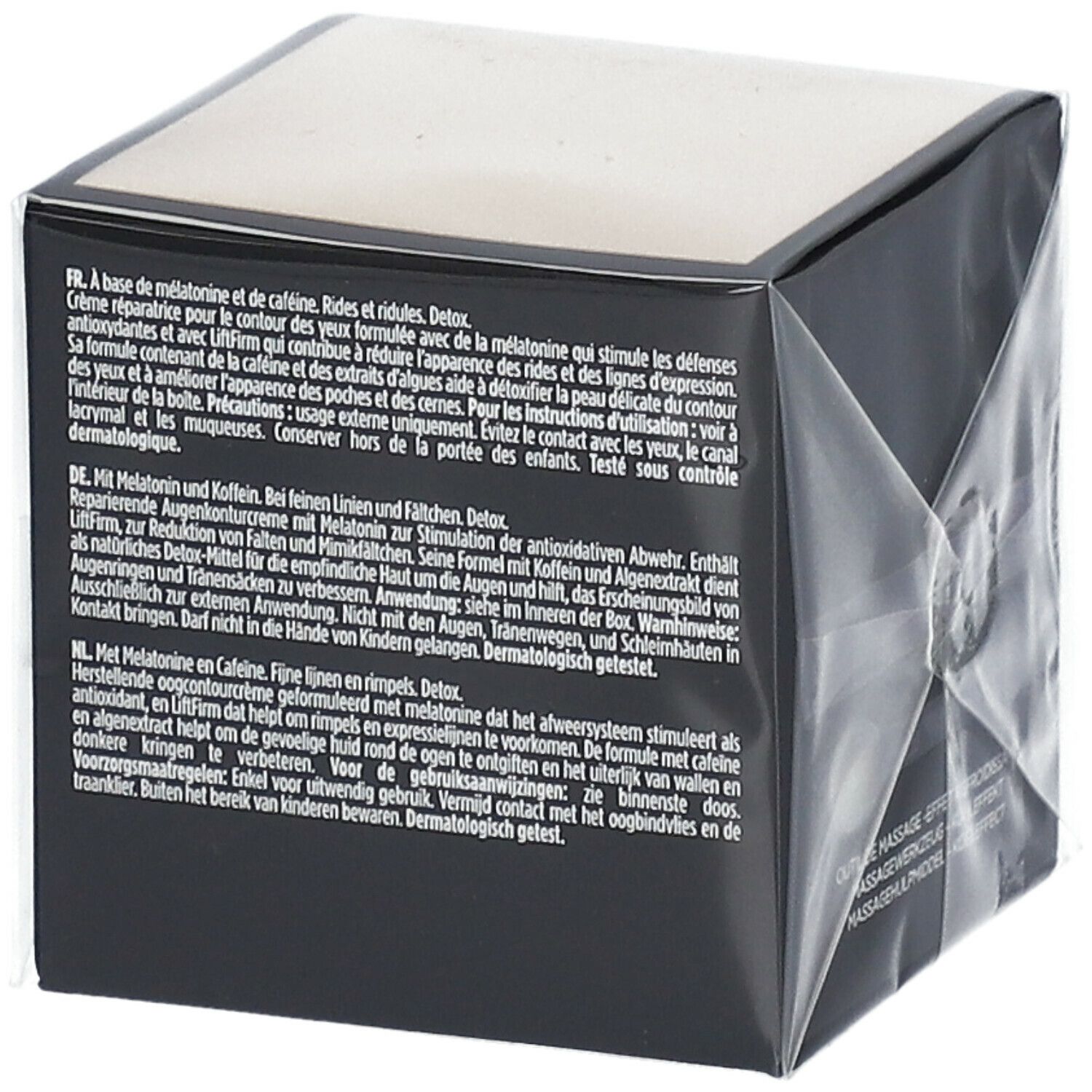 Achterkant verpakking ISDIN Isdinceutics Vital Eyes. Meertalige tekst. Dermatologisch getest.